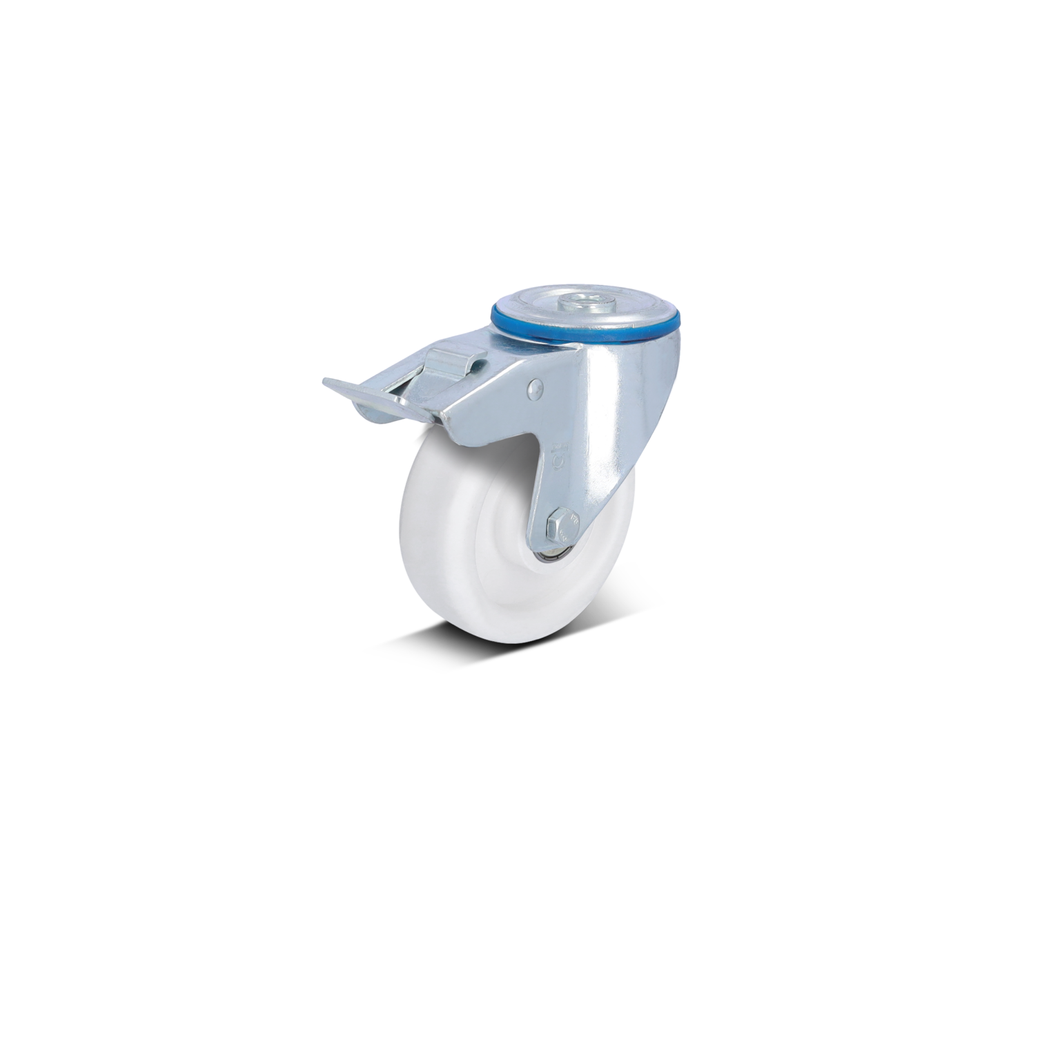 A white industrial wheel with a metallic swivel mounting bracket features a blue rubber ring. It is designed for mobility in material handling applications, set against a plain black background.