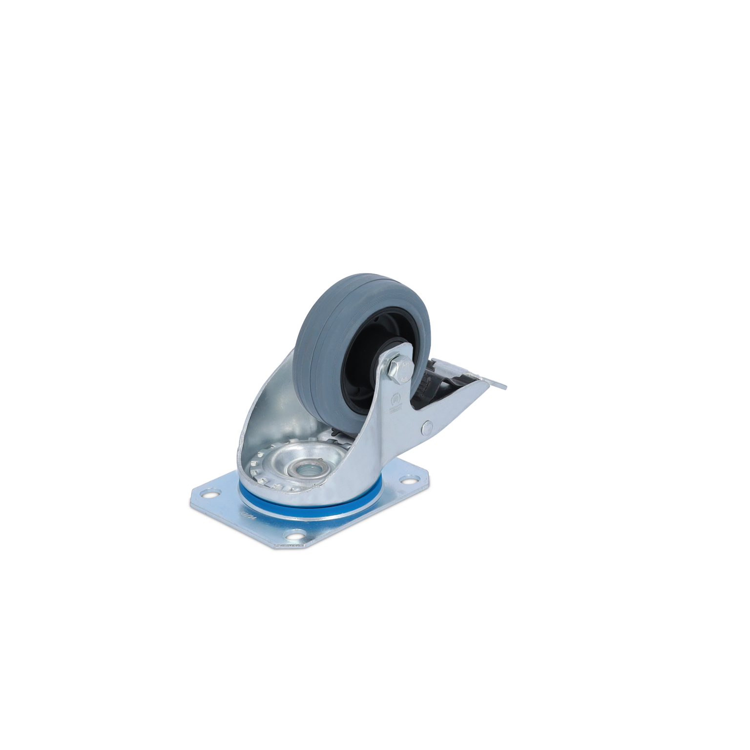 Zwenkwiel met een rubberen band op een metalen basis. De behuizing is glanzend zilver en heeft een blauwe rand. Het wiel is vrijstaand en vertoont geen andere elementen in de achtergrond.