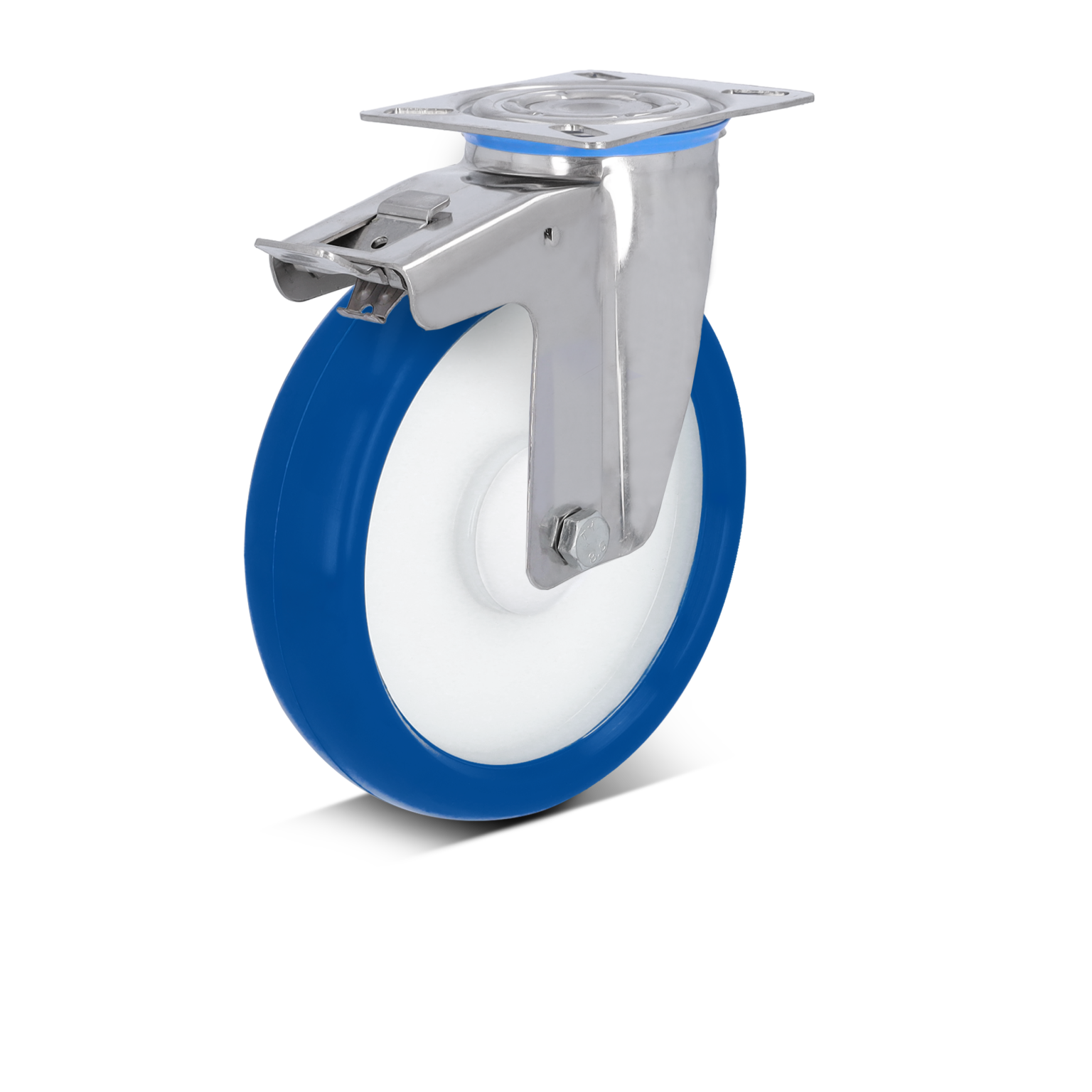 Ein blauer Rollen-Gummi mit einem weißen Innenkern ist an einer vernickelten Metallhalterung montiert. Die Halterung hat eine quadratische Montageplatte mit einer Sicherungsmechanik. Der Hintergrund ist einheitlich schwarz.