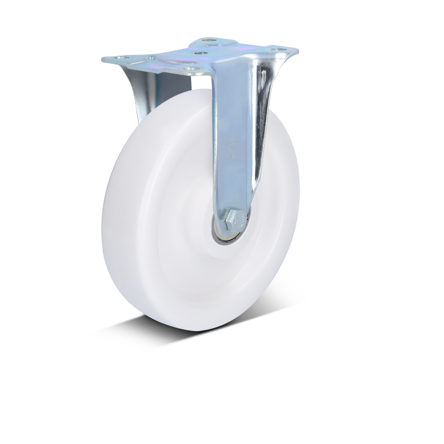 A white industrial wheel is mounted on a shiny metallic bracket. The bracket features multiple holes for secure attachment. The wheel appears smooth, designed for efficient movement in material handling applications.