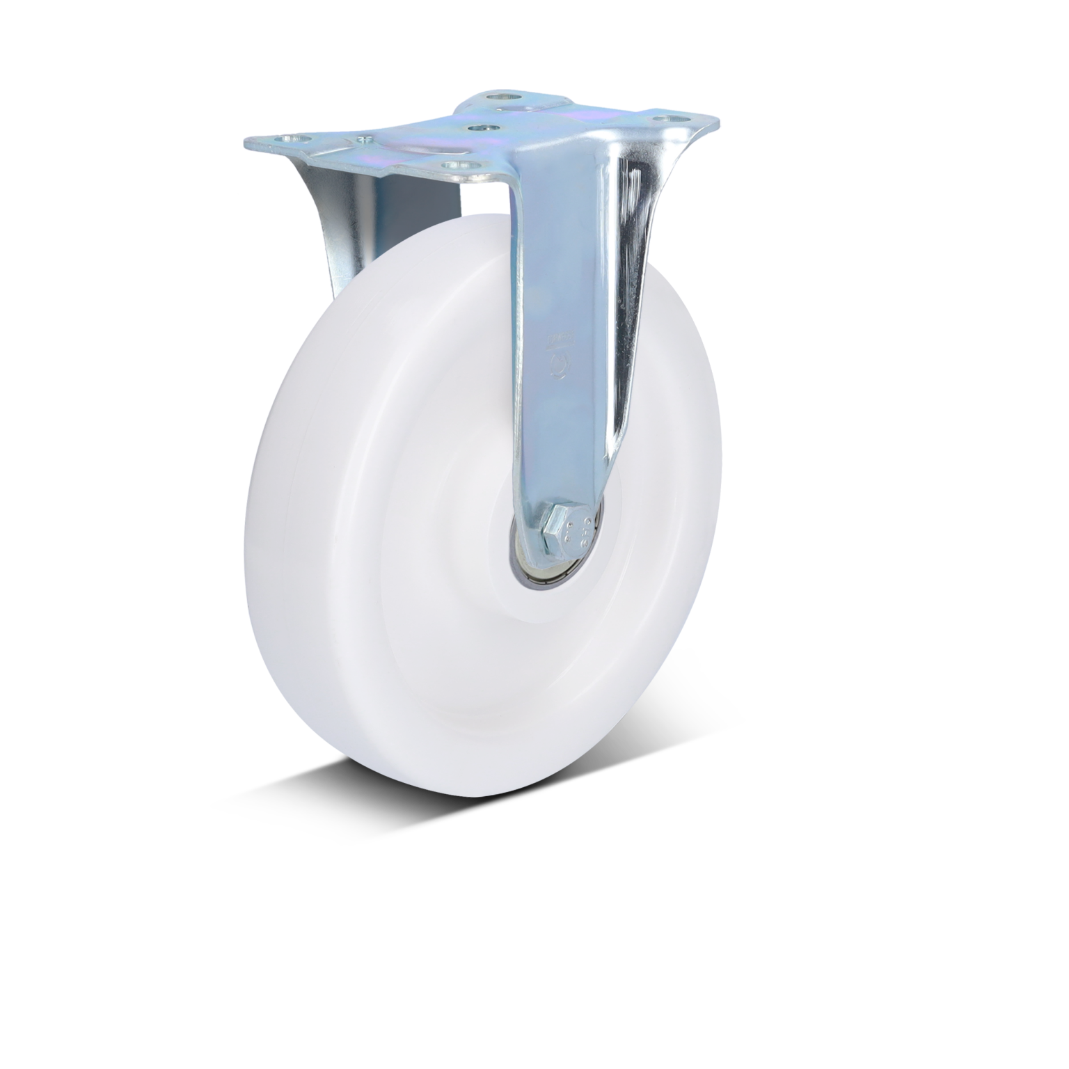 A white industrial wheel is mounted on a shiny metallic bracket. The bracket features multiple holes for secure attachment. The wheel appears smooth, designed for efficient movement in material handling applications.