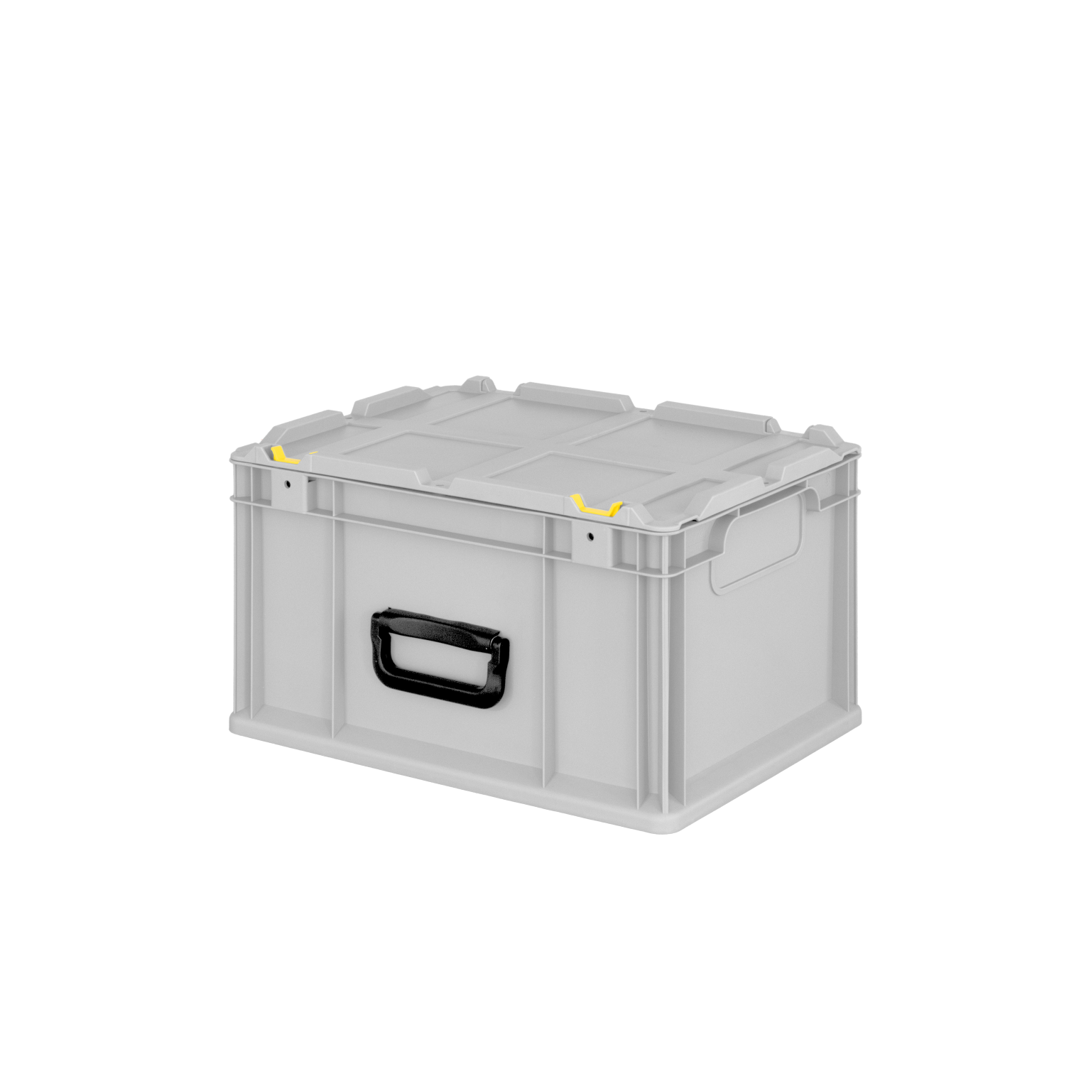 A gray plastic storage box features a black handle, yellow locking clips, and a ribbed lid for stability. It-s positioned against a blank background, suitable for intralogistics applications.