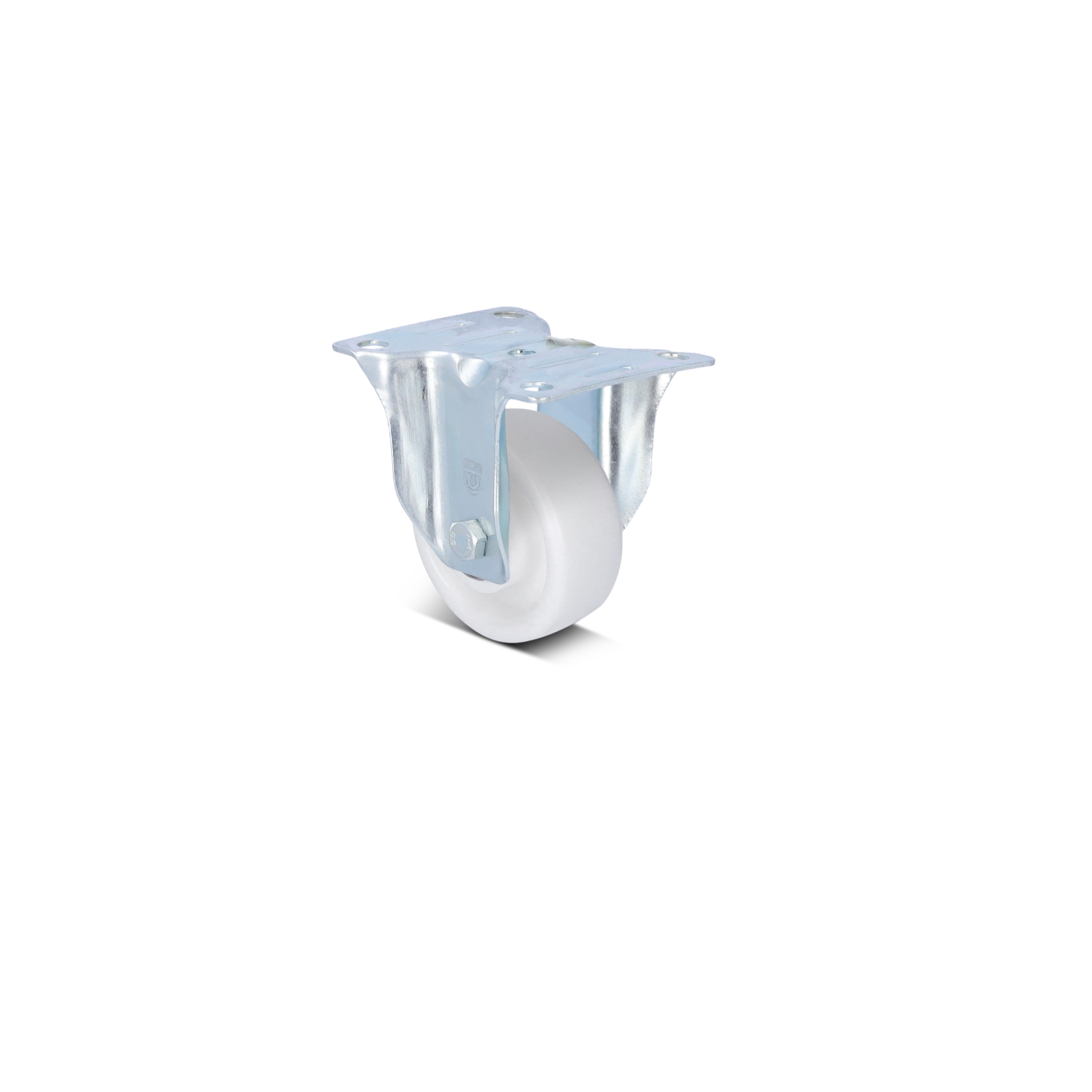 A swivel castor is shown, featuring a white wheel mounted on a metallic plate. The plate includes two holes for securing it. The background is plain, emphasizing the castor-s design.