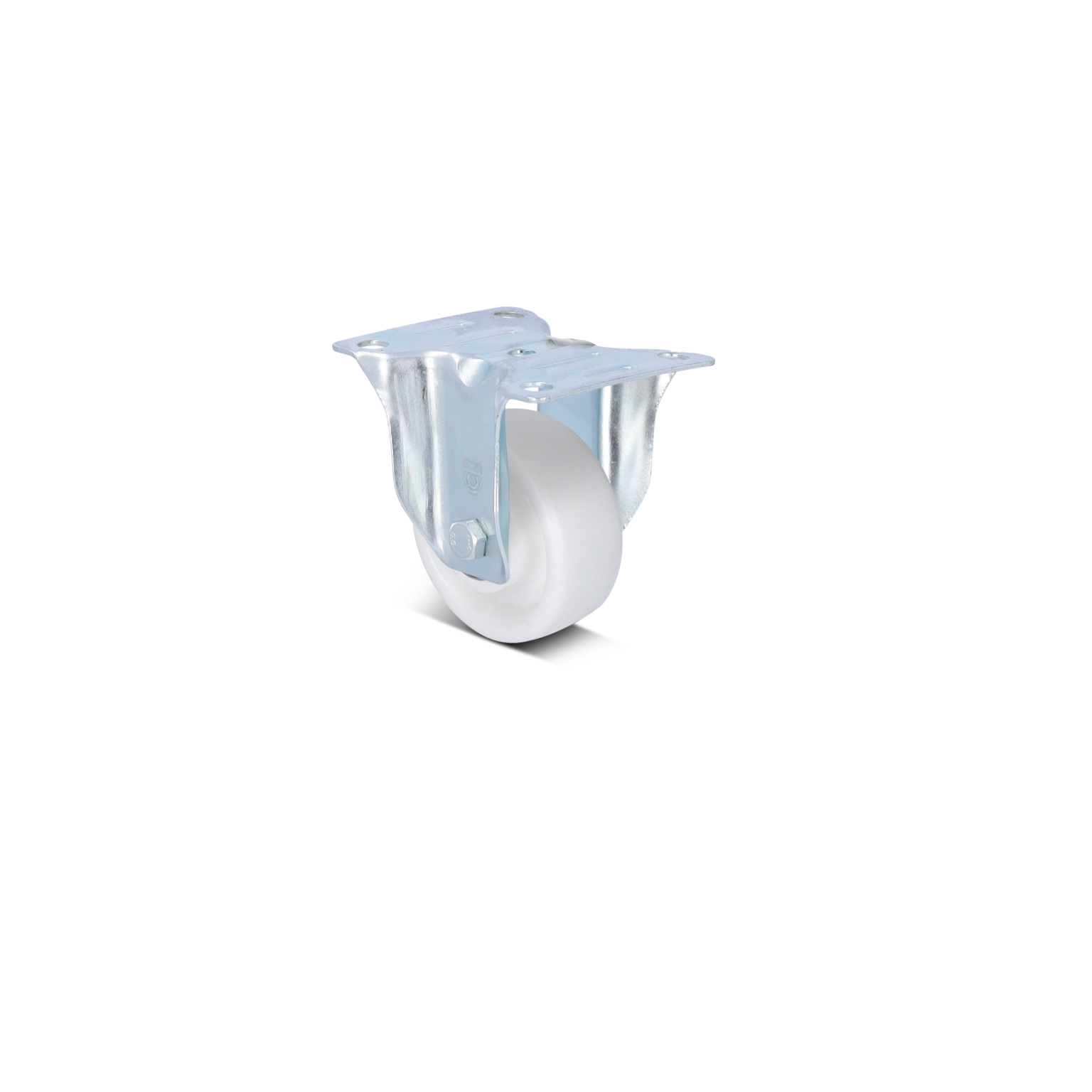 A swivel castor is shown, featuring a white wheel mounted on a metallic plate. The plate includes two holes for securing it. The background is plain, emphasizing the castor-s design.