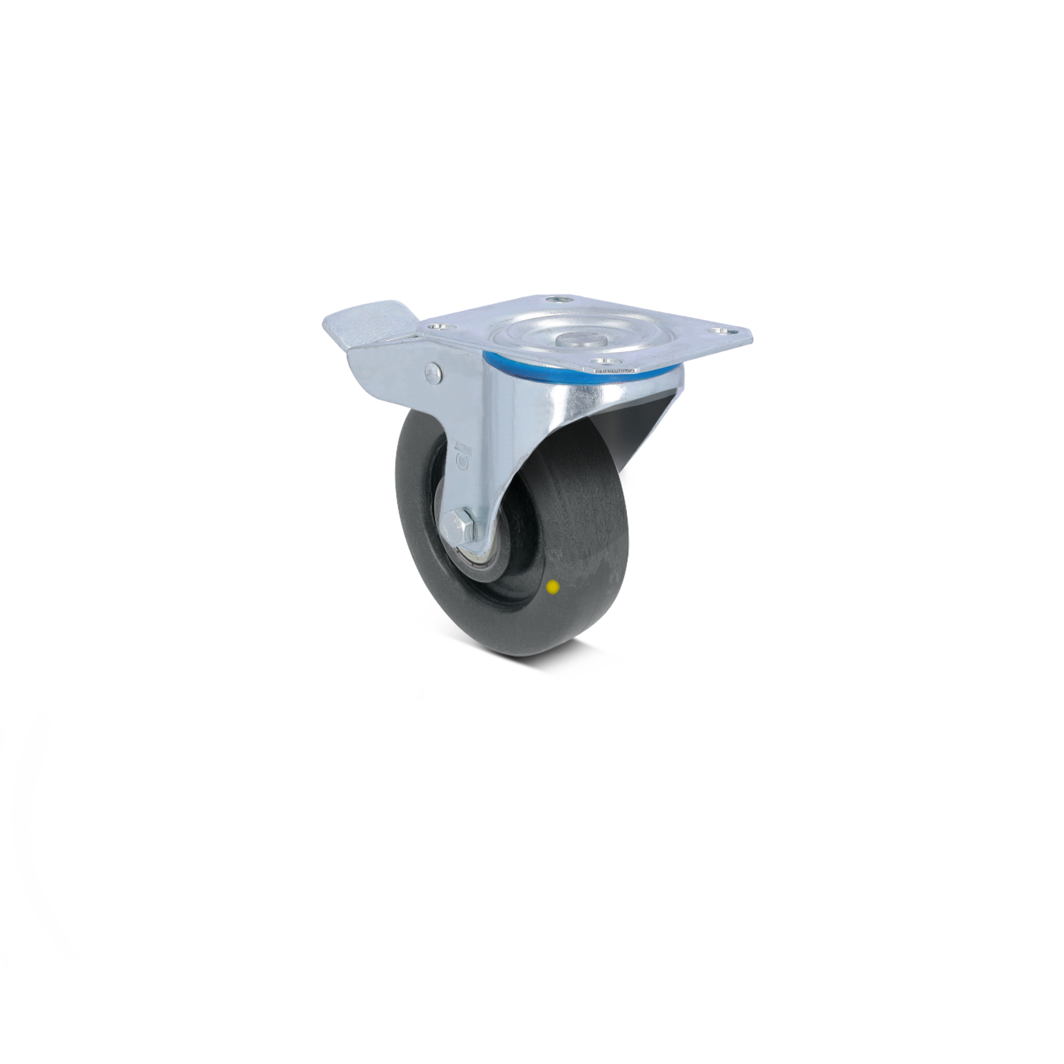 Zwenkwiel met een rubberen band, bevestigd aan een metalen montagesteun. Het wiel is zwart met een kleine gele stip. De steun is glanzend en ontworpen voor gebruik in industriële omgevingen.