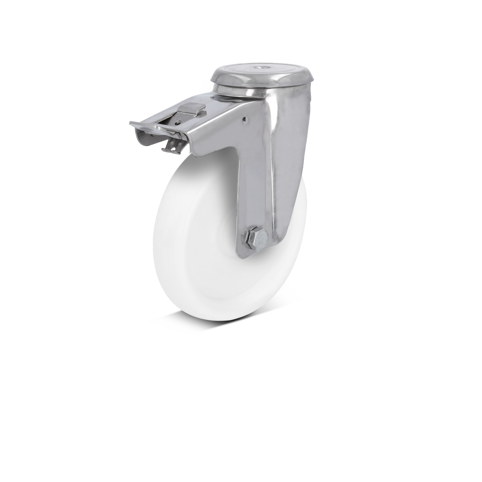 A swivel castor features a white wheel and a metallic mounting bracket. The wheel is smooth and rounded, designed for movement. It is positioned upright, showcasing its industrial design.