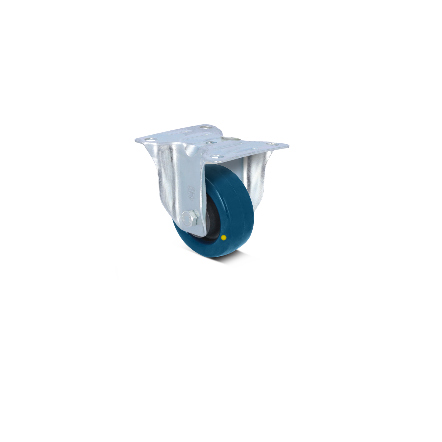Zwenkwiel met een metalen montageplaat en een blauwe kunststof rol. Het wiel is gericht naar voren en heeft een gele stip zichtbaar. De achtergrond is neutraal en onopvallend.