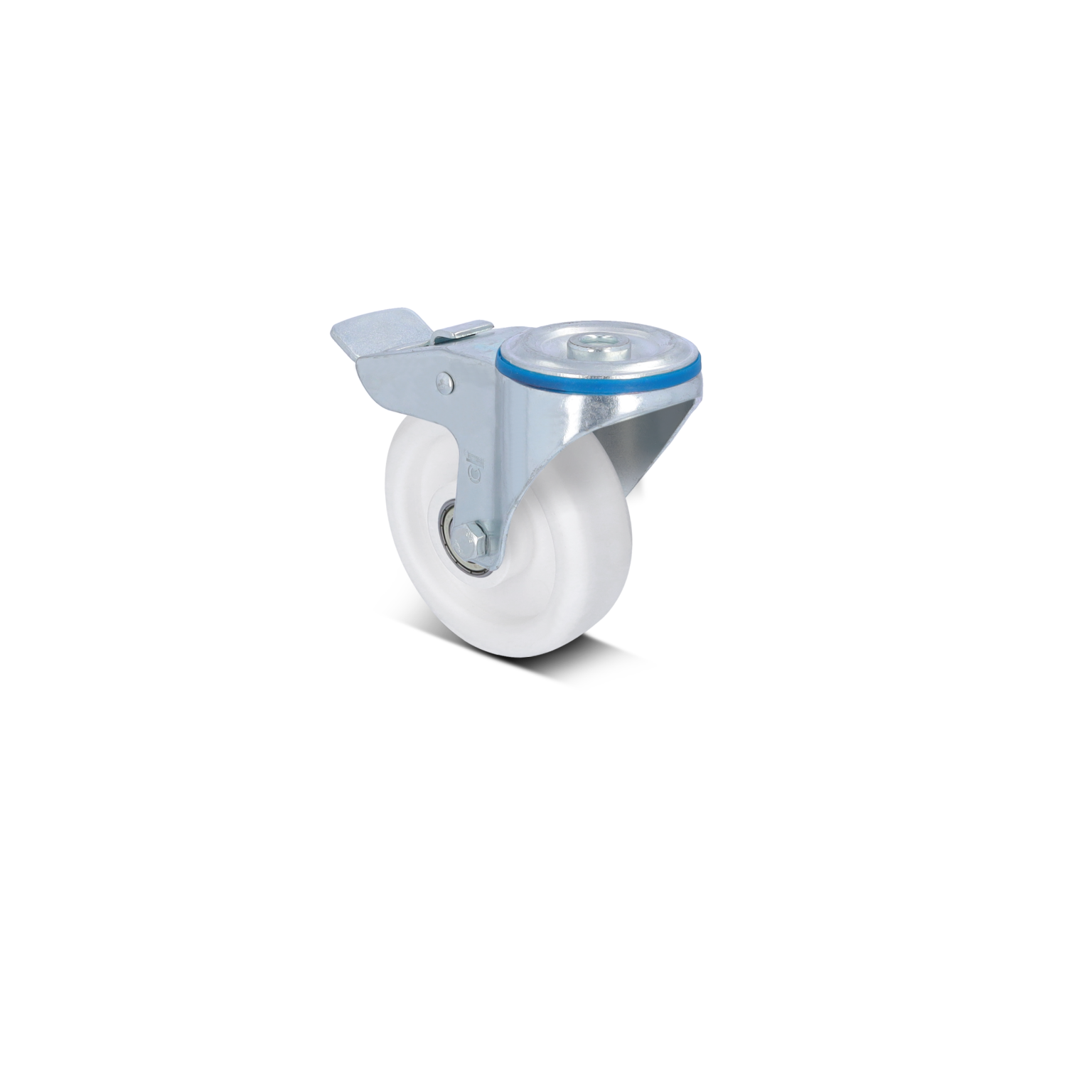 A white plastic wheel is mounted on a metal swivel bracket with a locking mechanism. The wheel features a blue decorative ring and is positioned against a plain background.