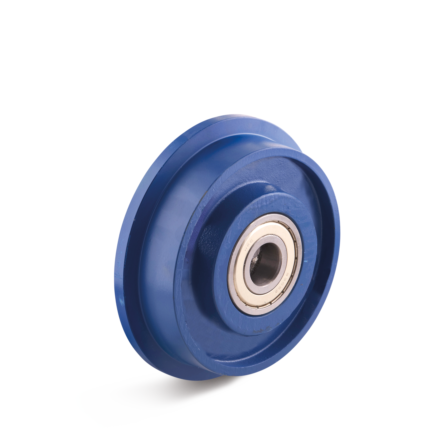 Blauwe rol met een metalen lager in het midden, gericht op een lichte achtergrond. De rol heeft een vlakke, schijfachtige vorm en is ontworpen voor gebruik in de intralogistiek.