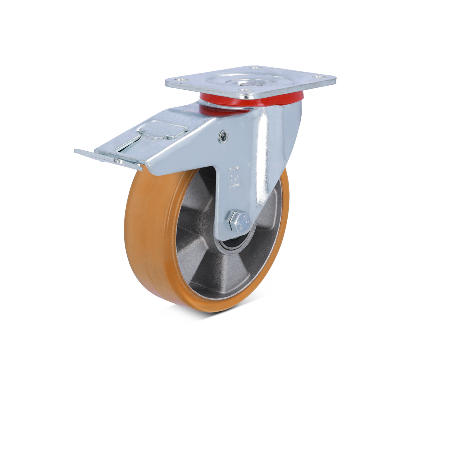 Zwenkwiel met een bruin rubberen band en een metalen bevestigingsplaat. De bevestiging heeft een glanzende afwerking en is ontworpen voor gebruik in industriële toepassingen. Achtergrond is eenvoudig en monochroom.
