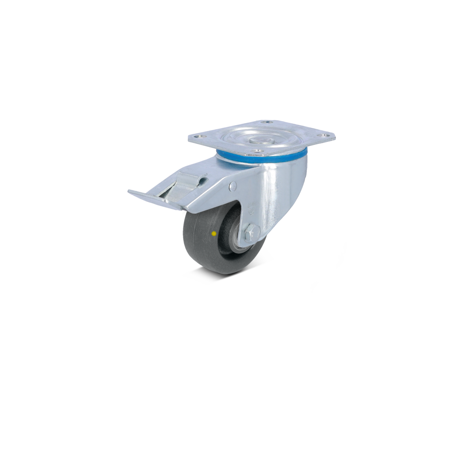 Zwenkwiel met een metalen montageplaat en rubberen band. Het wiel is zwart met een blauwe ring en bevindt zich tegen een neutrale achtergrond, geschikt voor transporttoepassingen.