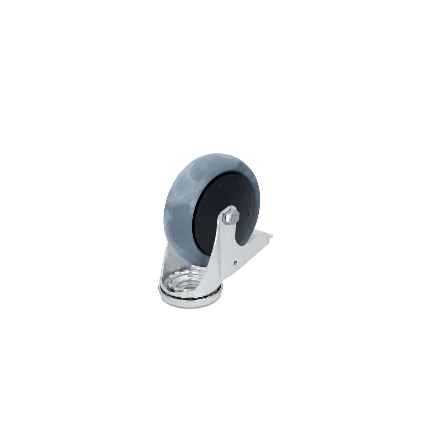 Ein grauer Gummirollen-Caster mit metallischer Halterung steht aufrecht. Die Rolle hat einen schwarzen, runden Teil und eine glatte, glänzende Oberfläche. Der Hintergrund ist schwarz.