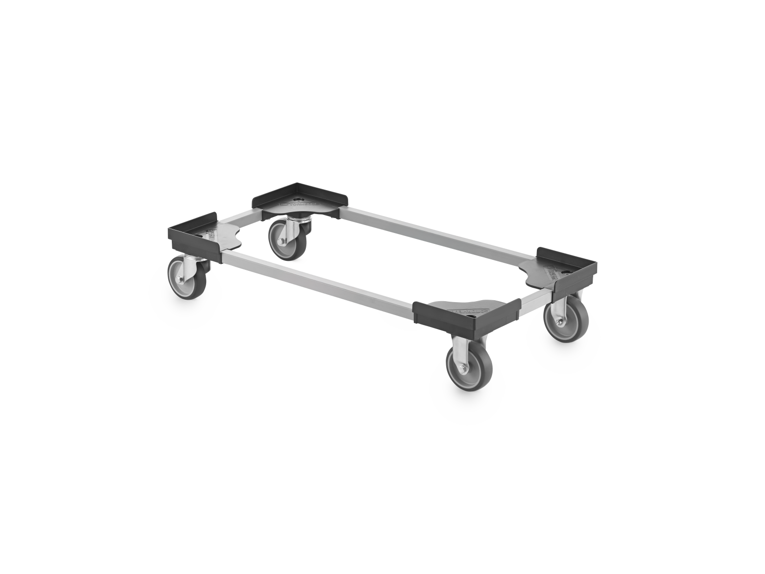 A transport trolley features a rectangular metal frame with black corner supports. It stands on four swivel castors, allowing for easy movement, and is set against a blank background.
