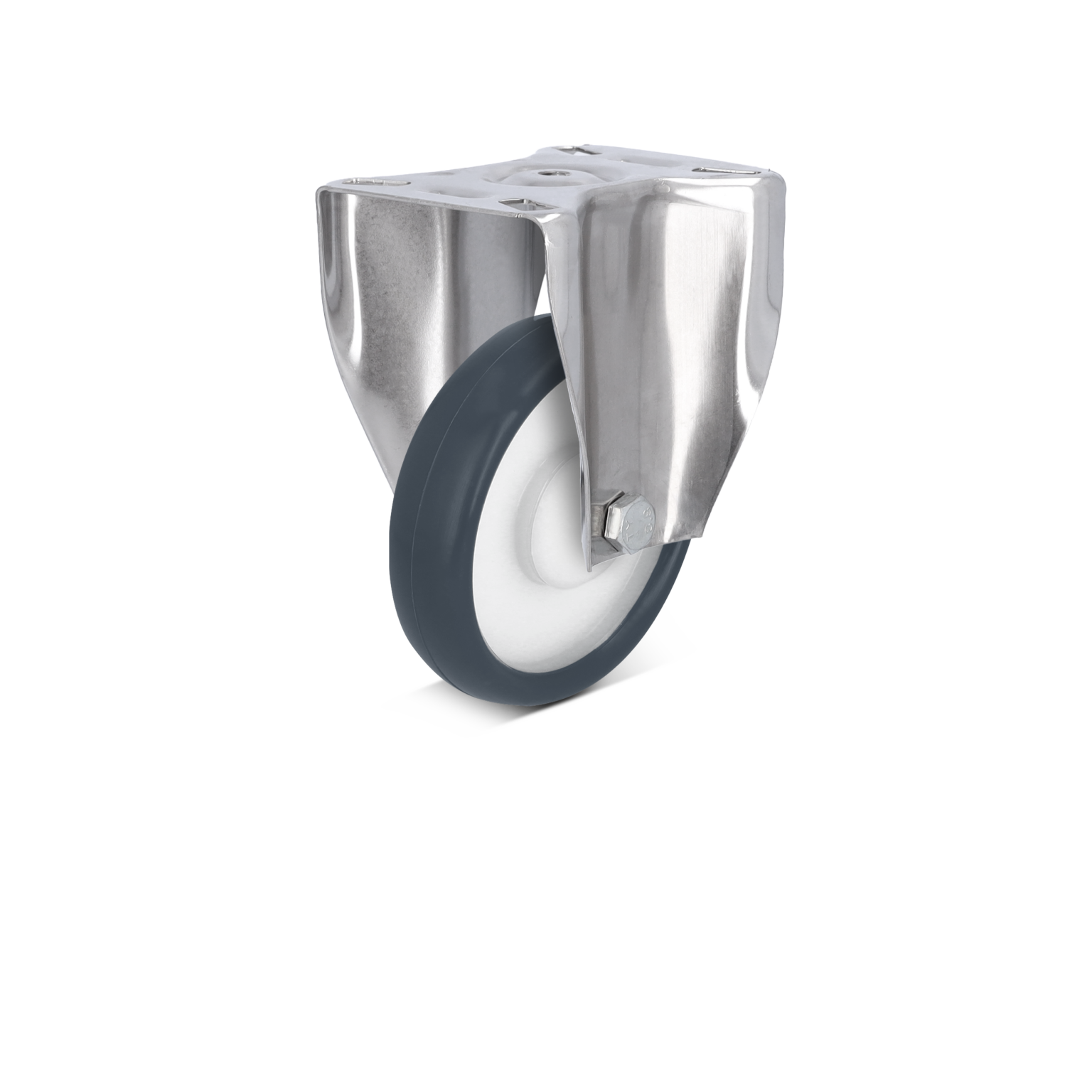 Ein fest montierter Industrie-Rollenstoß mit einer grauen Gummibereifung und einer weißen Innenschicht, ausgestattet mit einer polierten Metallplatte und einer Befestigungsschraube, umgeben von einem neutralen Hintergrund.