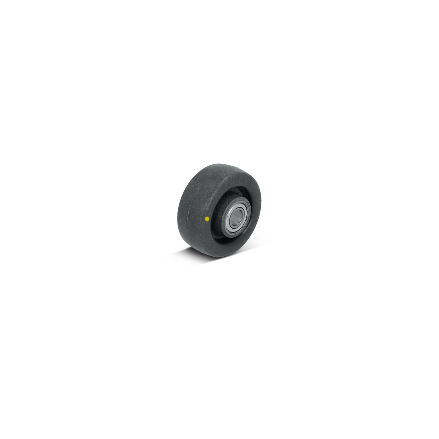 Zwarte industriële wiels met een metalen lager in het midden. Het is rond en stevig, geschikt voor gebruik in materiaalhandling. De achtergrond is eenvoudig en onopvallend.