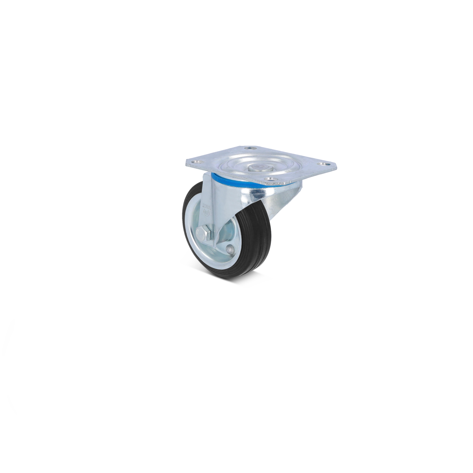 Zwenkwiel met een metalen montageplaat en een rubberen band, geplaatst in een rechte positie tegen een heldere achtergrond. De bevestigingsschroeven zijn zichtbaar op de plaat.