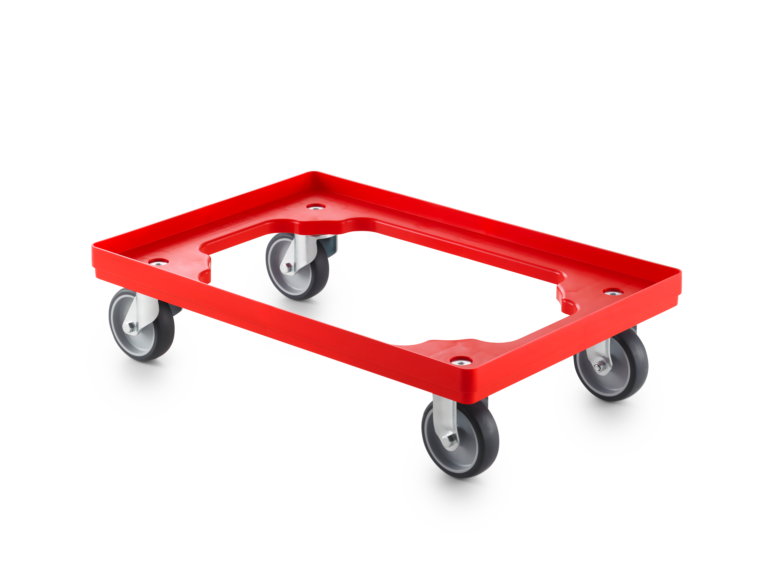 A rectangular red transport trolley features four swivel casters. The structure has an open center for easy loading and unloading, designed for maneuverability in industrial settings.