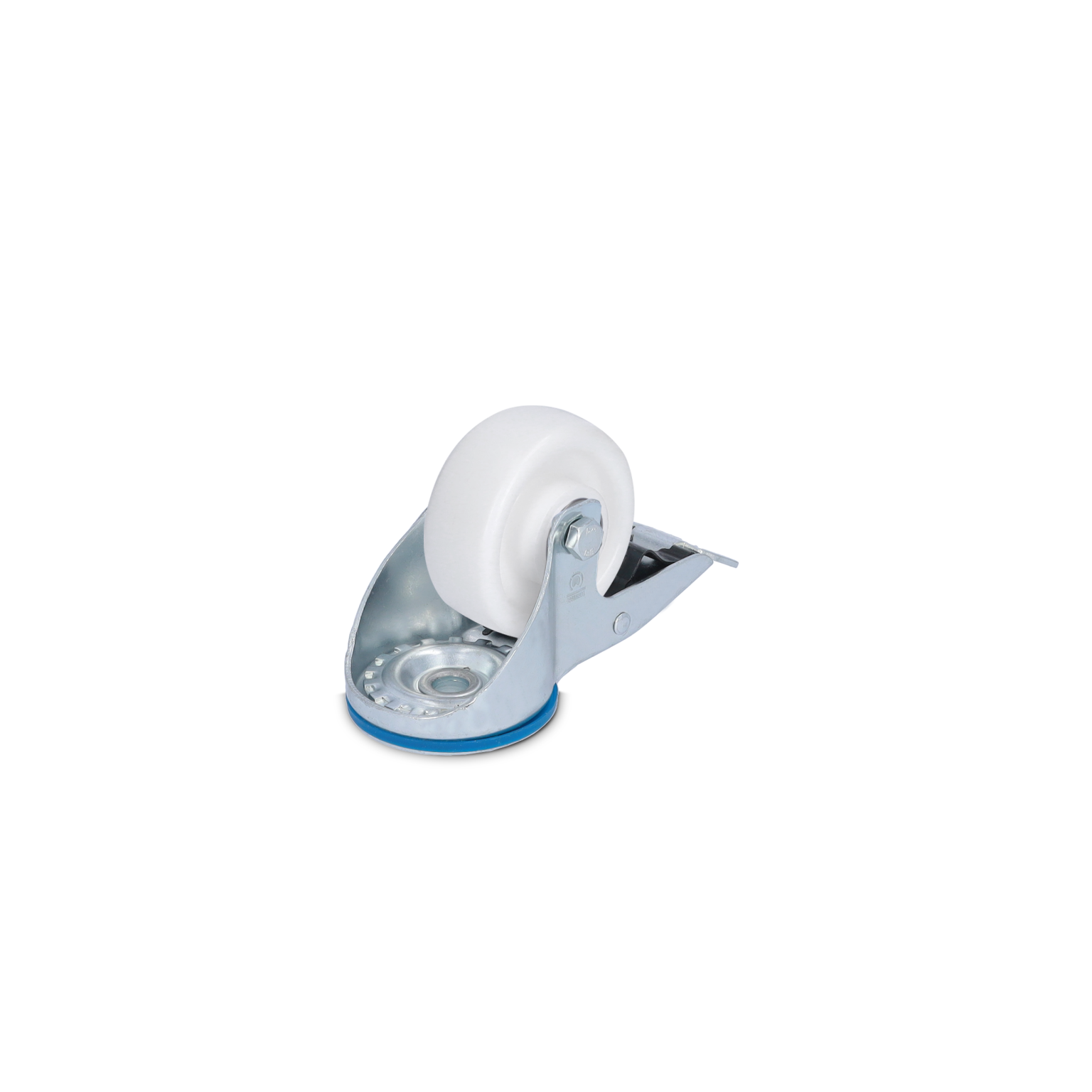 A white plastic wheel is mounted on a metal swivel bracket, featuring an integral bearing and a blue rubber ring at its base. It is positioned against a plain background, indicating industrial application.