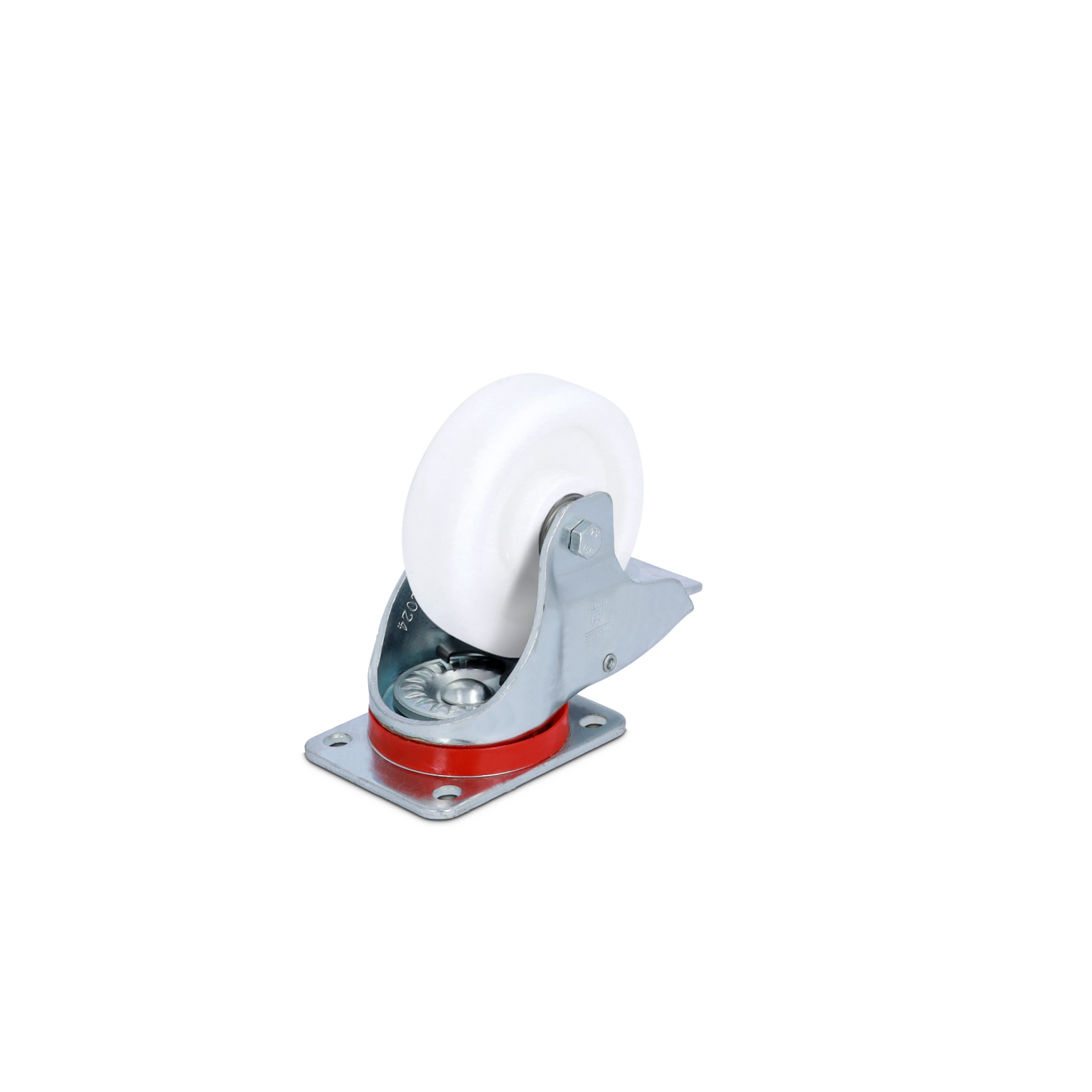 White industrial wheel mounted on a silver metal bracket, featuring a red base and visible ball bearings. It is positioned at an angle, suitable for mobility applications in material handling.