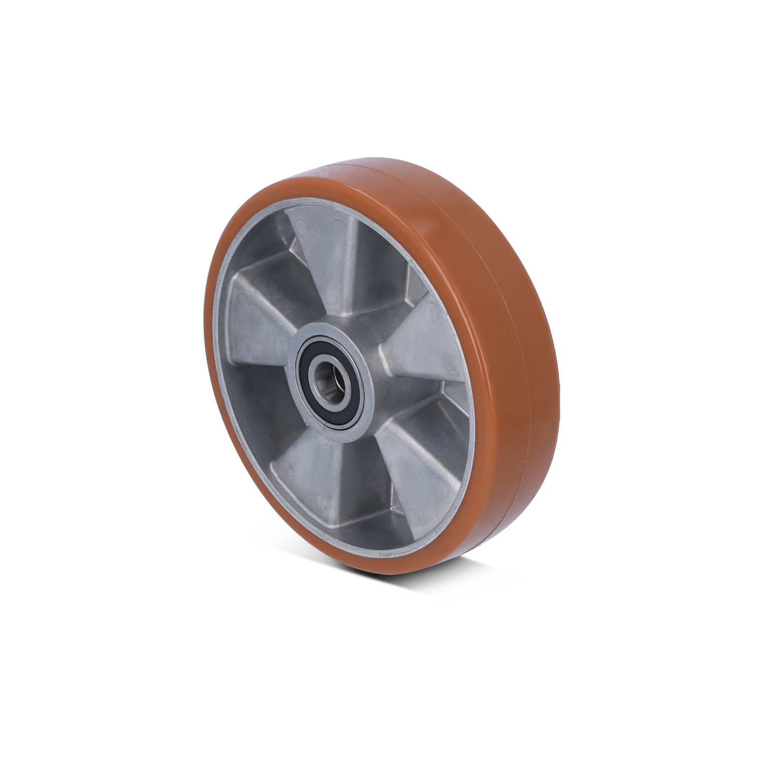 Rond, lichtbruin wiel met een metalen kern en een lager in het midden. Het heeft een gladde rubberen buitenrand en is geschikt voor industrieel gebruik, gepresenteerd op een neutrale achtergrond.
