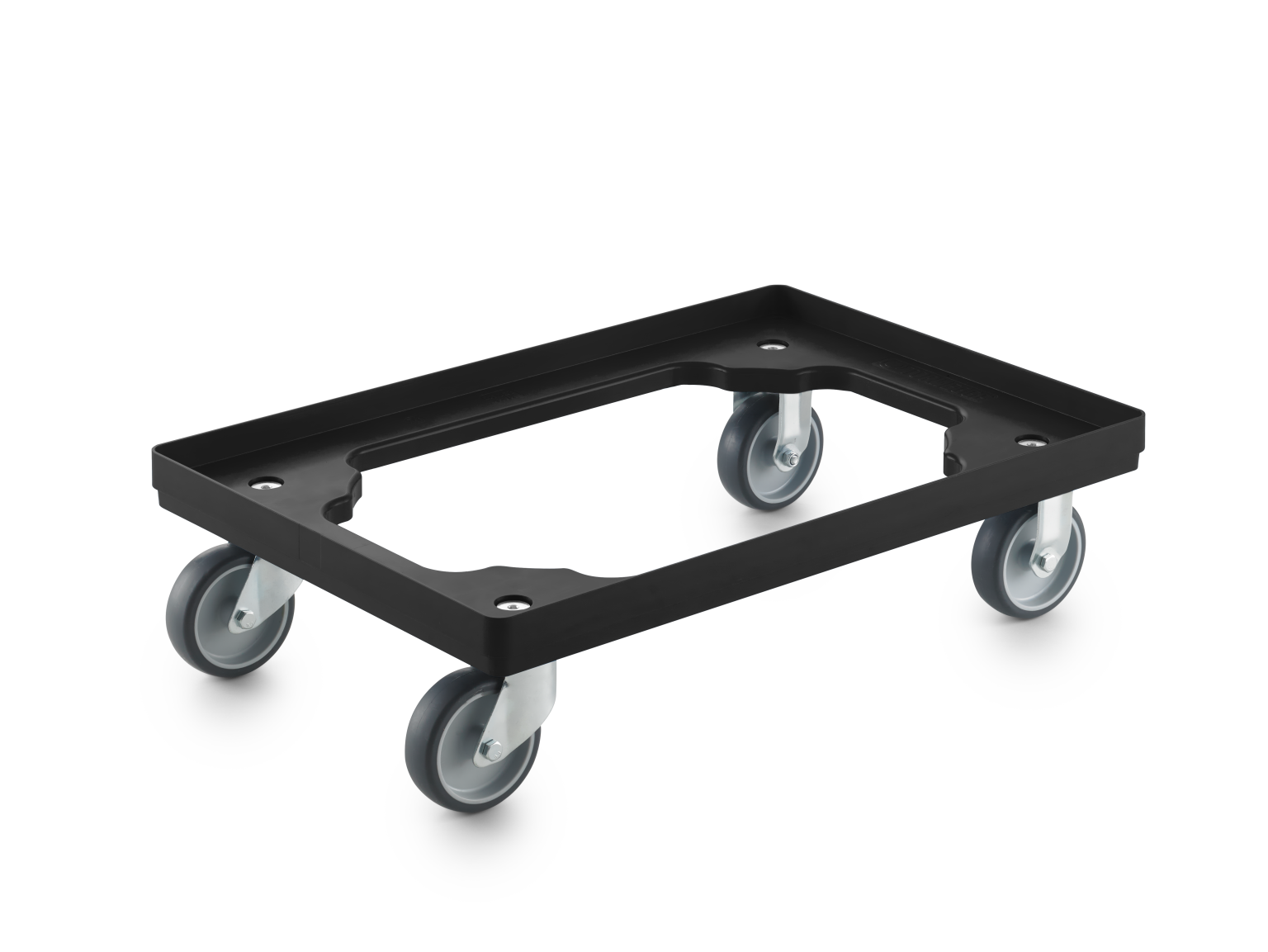 A rectangular black transport dolly features four swivel casters mounted underneath. The dolly has a cut-out design, providing versatility for transporting various items in an industrial setting.