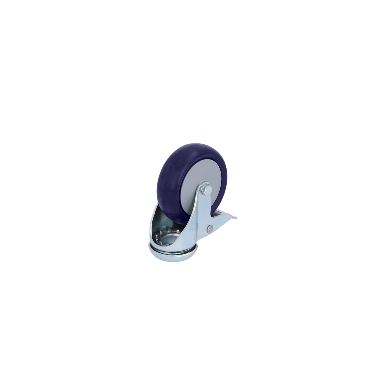 A swivel caster with a purple rubber wheel and a silver metal mounting plate is positioned at an angle. The wheel features a smooth surface for ease of movement.