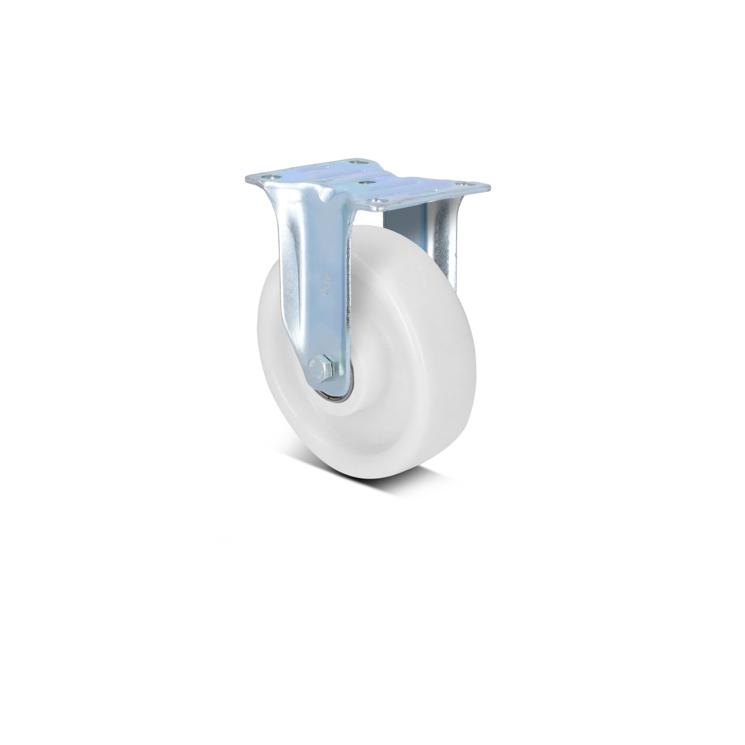 A white industrial wheel with a silver mounting plate is positioned prominently. The wheel appears smooth and durable, designed for mobility in a variety of settings. The background is stark and unadorned.