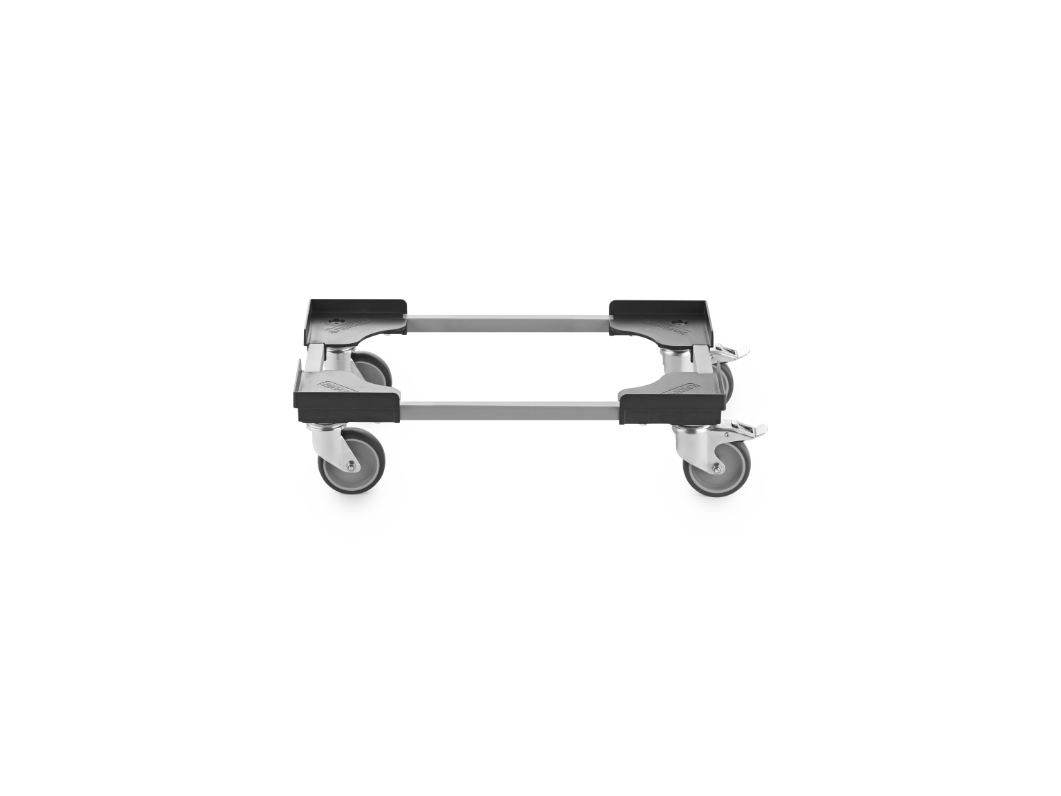 A transport trolley features a sturdy frame with four castors at each corner. The frame is metallic with rubberized corners for grip, designed for maneuverability in industrial settings.