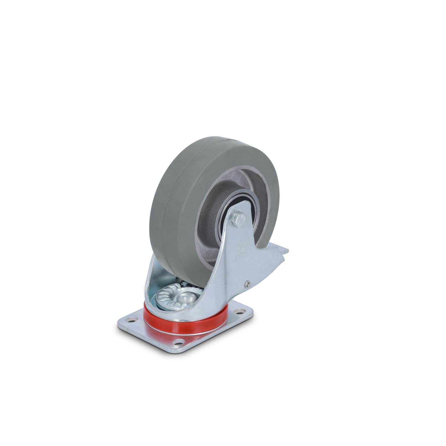 Ein grauer Rollen-Gummi mit einem stabilen Metallgestell. Die Rolle hat eine glatte Oberfläche und ist auf einer rechteckigen Montageplatte aus Metall befestigt, die sich in einem neutralen Hintergrund befindet.
