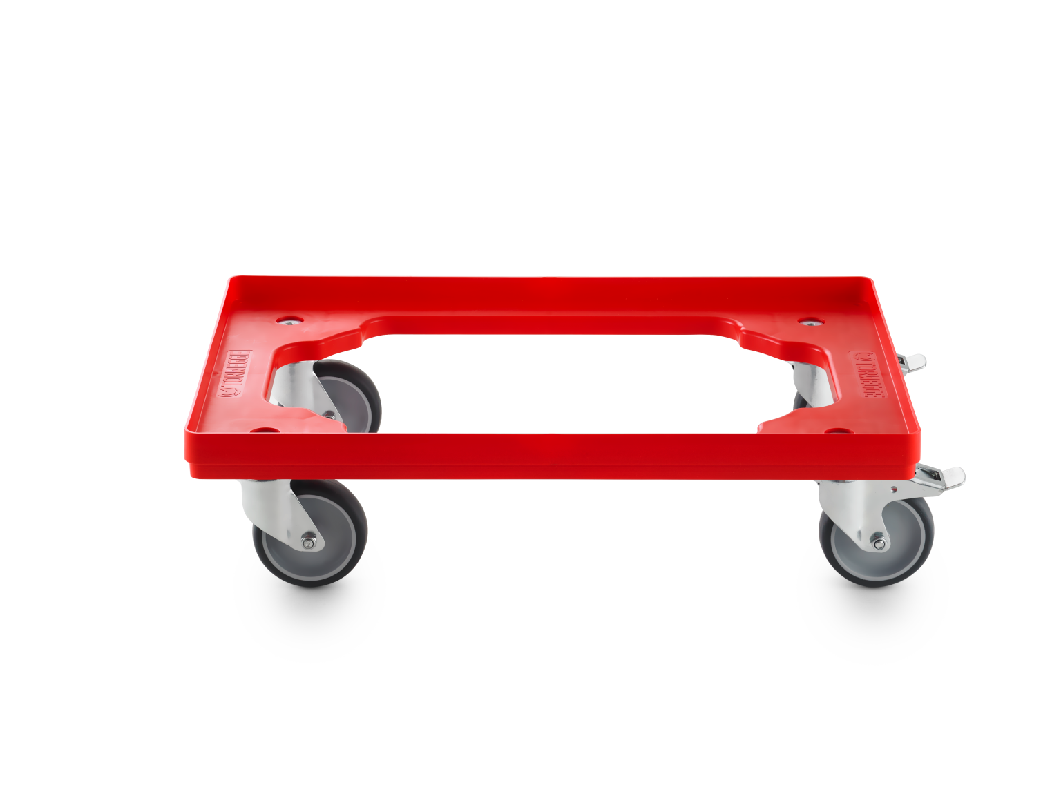 A red transport trolley features a rectangular platform with cut-out handles and mounted on four grey wheels. It is designed for easy maneuverability in an industrial setting.