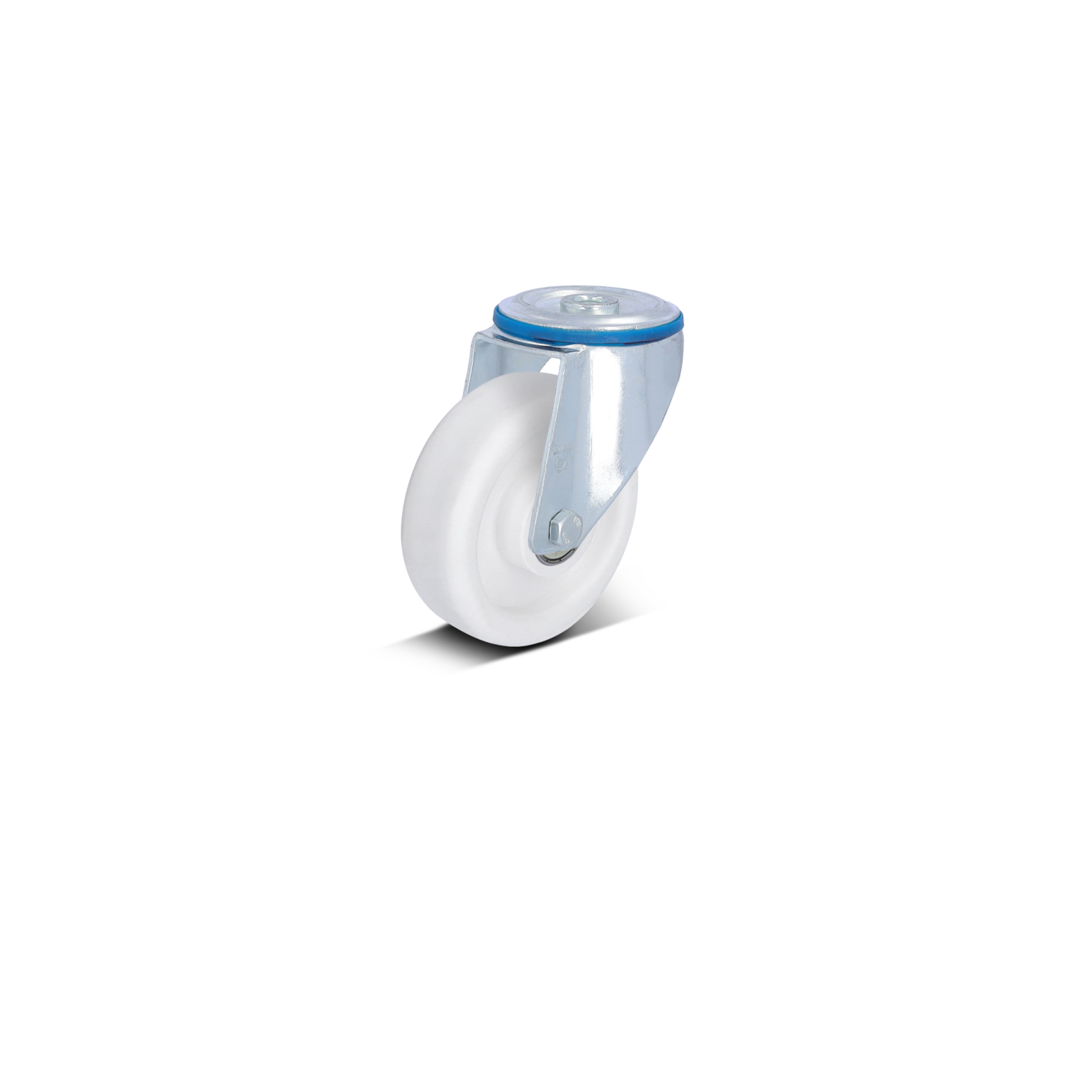 A swivel castor wheel features a white, durable plastic wheel attached to a metal bracket. The bracket has a mounting plate and is designed for mobility in industrial settings.