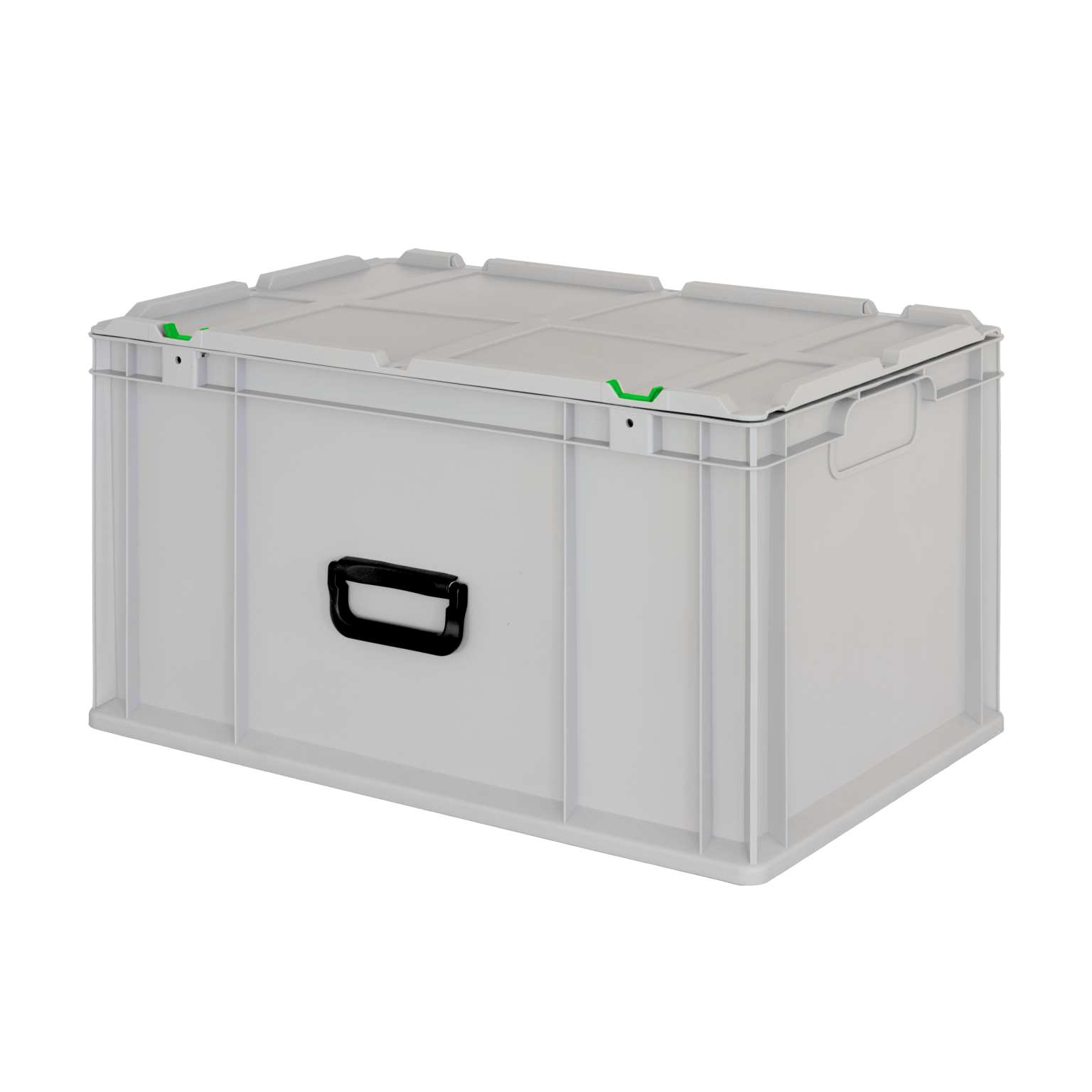 A plastic storage box with a flat lid, featuring green clips for secure closure and a black handle for carrying. It is designed for organizing and transporting items in industrial contexts.