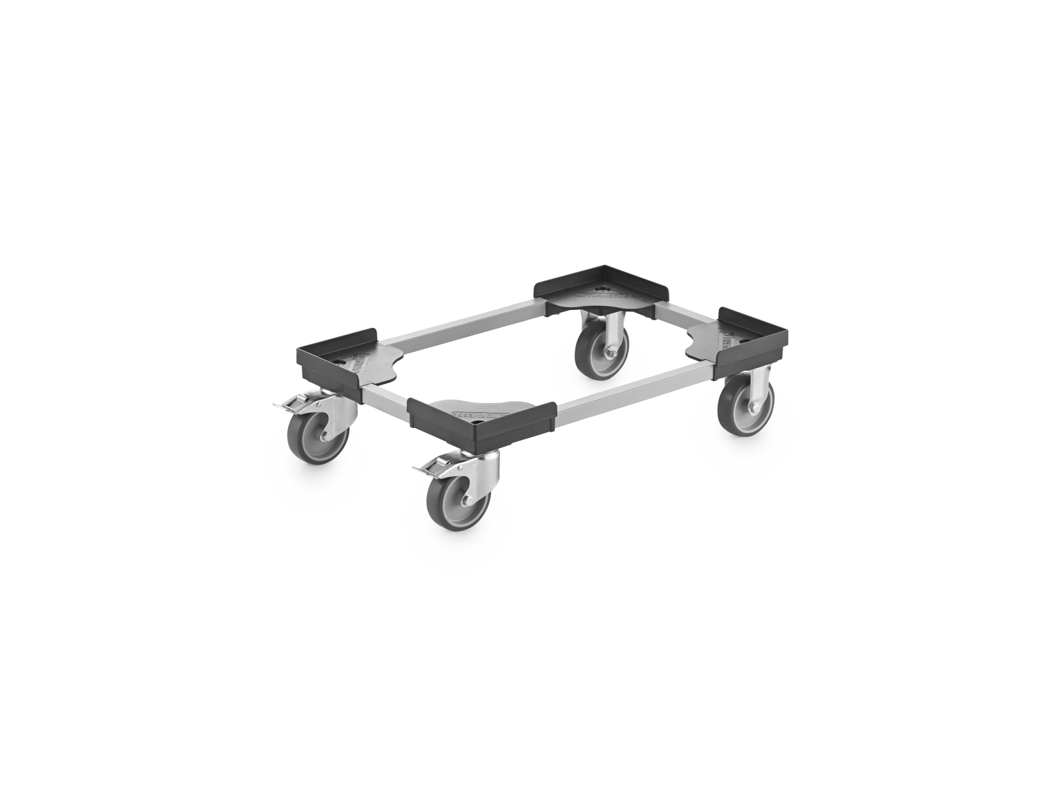 Transport trolley with a rectangular metal frame and four swivel castors. The frame features rubber bumpers on the corners for stability. It is set against a blank background, highlighting its industrial design.