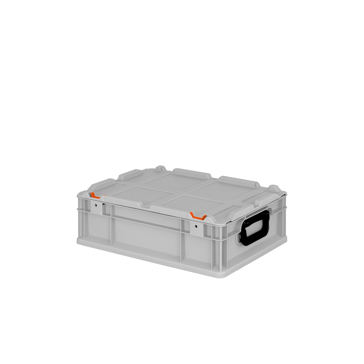 Transparent Behälter mit einem flachen, quadratischen Deckel und schwarzen Grifflöchern. Die Seiten sind stabil mit orangen Clips zum Verschließen. Der Hintergrund ist schlicht schwarz.
