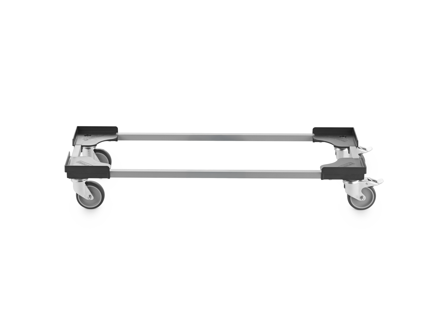 A rectangular transport trolley frame with four swivel castors. The frame features a metallic structure with black mounting plates. It-s positioned on a plain background, emphasizing its design.