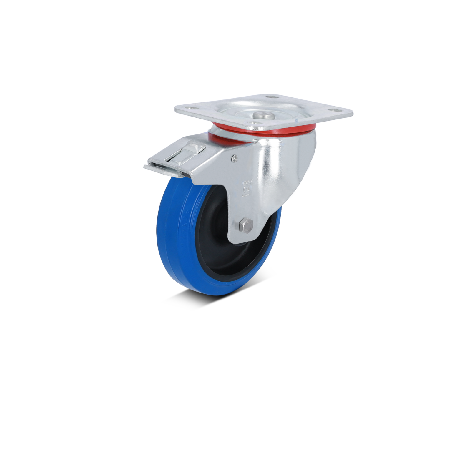 A blue industrial wheel with a black rubber outer layer is mounted on a shiny metallic swivel plate. The wheel is positioned prominently against a blank background, showcasing its durable design.