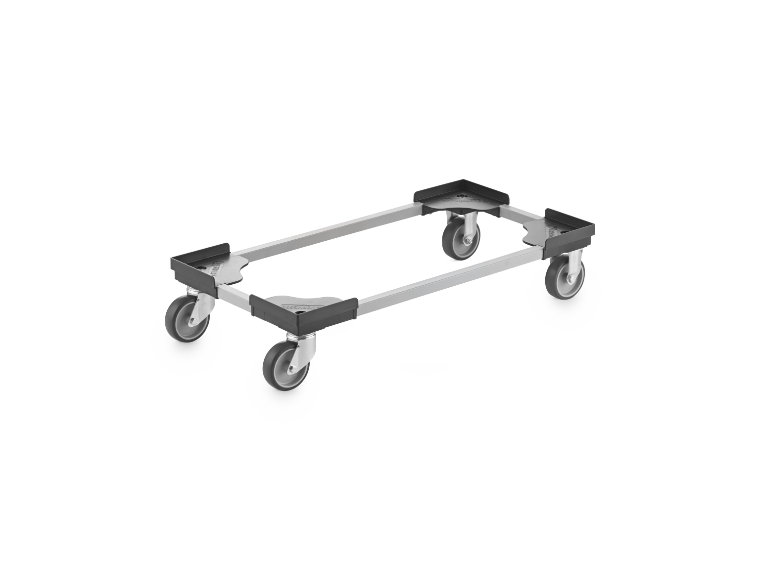 Transport trolley with a rectangular metal frame and four swivel wheels. The frame features protective corners and is designed to facilitate the movement of heavy objects in an industrial setting.