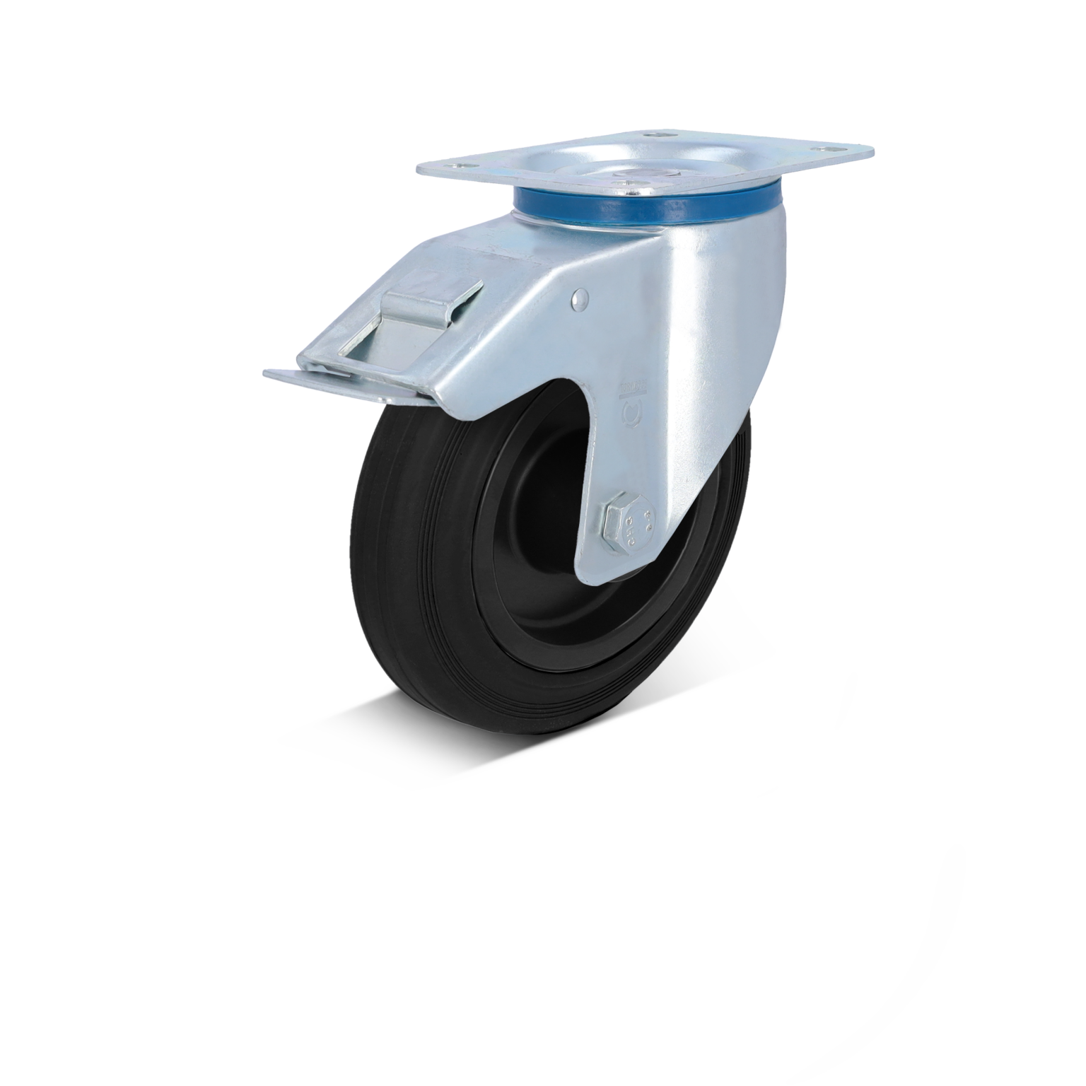 Een metalen zwenkwiel met een zwarte rubberen band en een bevestigingsplaat. Het heeft een stevige constructie en een scharnierende arm. De achtergrond is eenvoudig en neutraal.