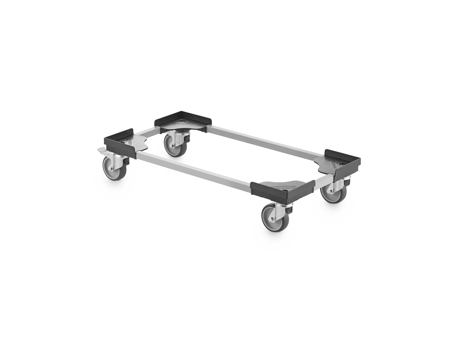 A transport trolley features a rectangular metal frame with four wheels positioned at the corners. The wheels are designed for maneuverability, positioned on a flat surface without any additional items placed on it.