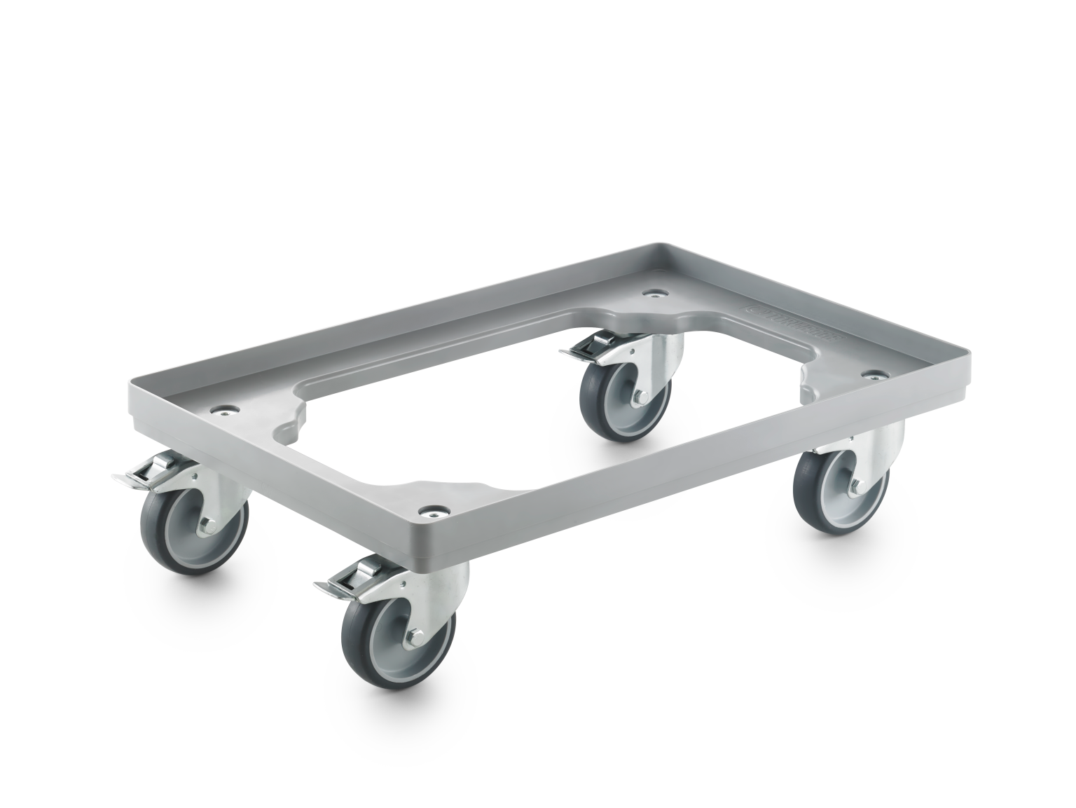 A rectangular transport trolley features a flat surface with rounded edges and four swivel castors. The castors are mounted at each corner, designed for mobility and stability in industrial settings.