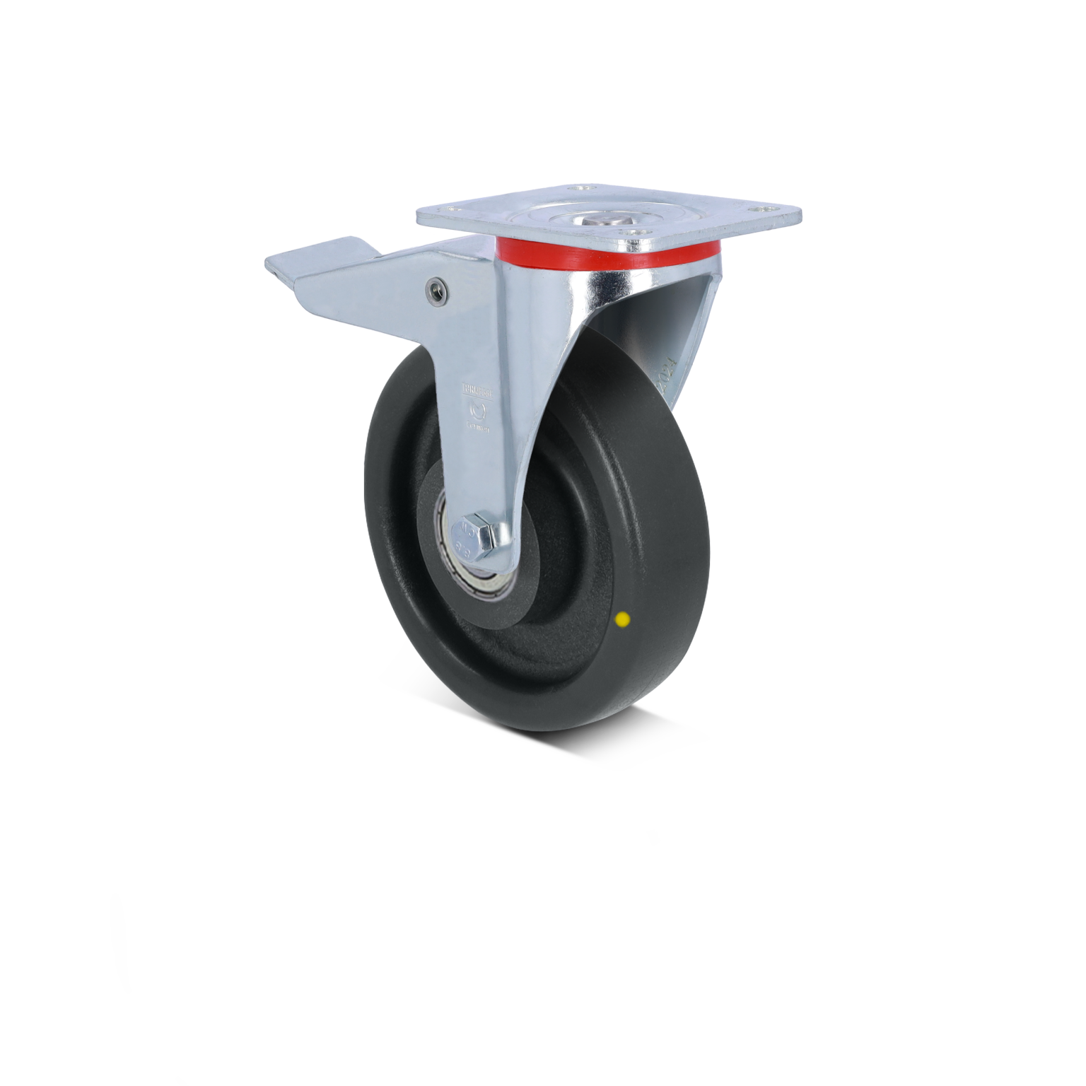 A black rubber caster wheel with a metal mounting plate. The wheel is positioned vertically and features a swivel mechanism for easy movement. The background is plain, enhancing focus on the caster.