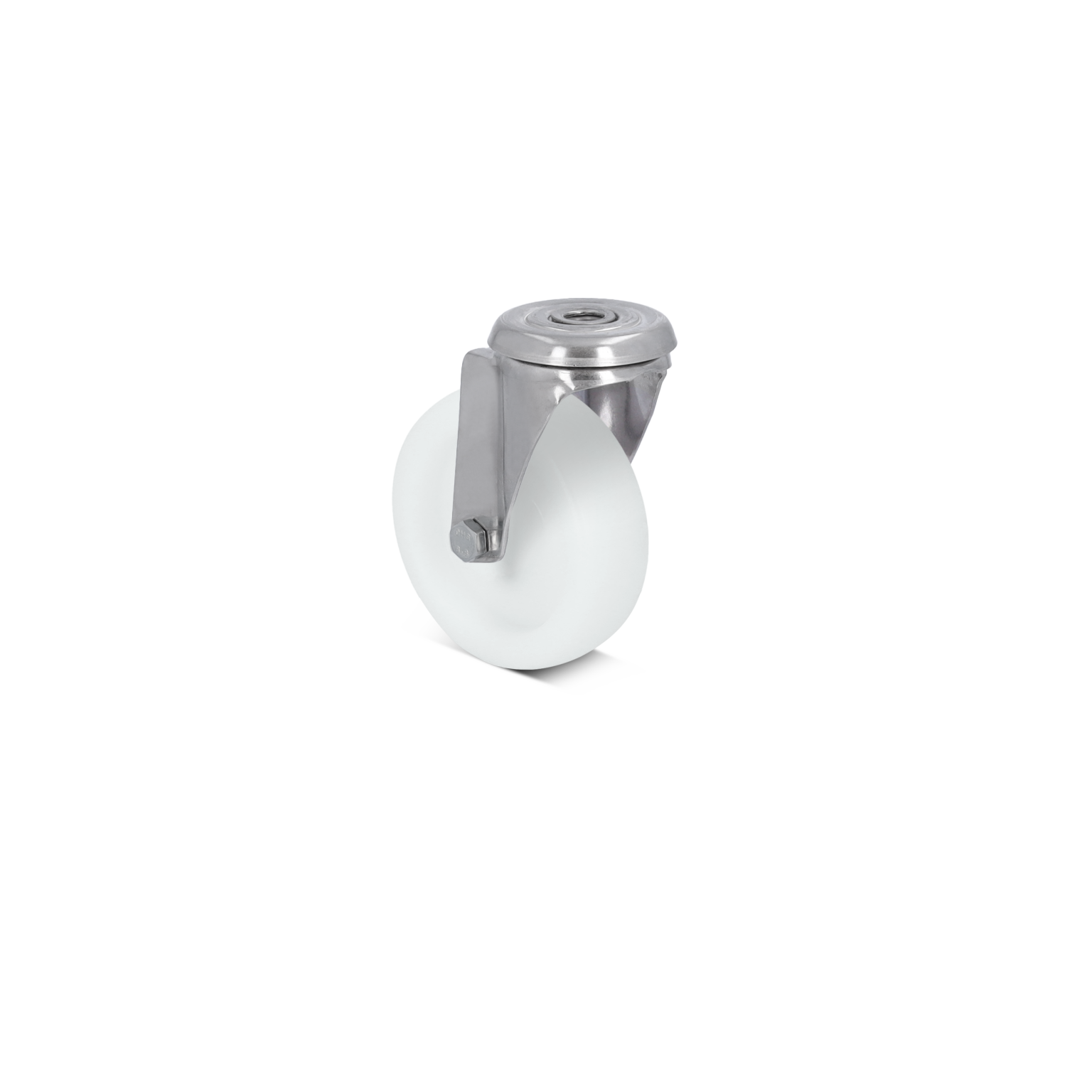 A white plastic wheel is mounted on a metallic swivel caster. The metal plate allows for easy attachment and rotation, set against a minimalistic background.