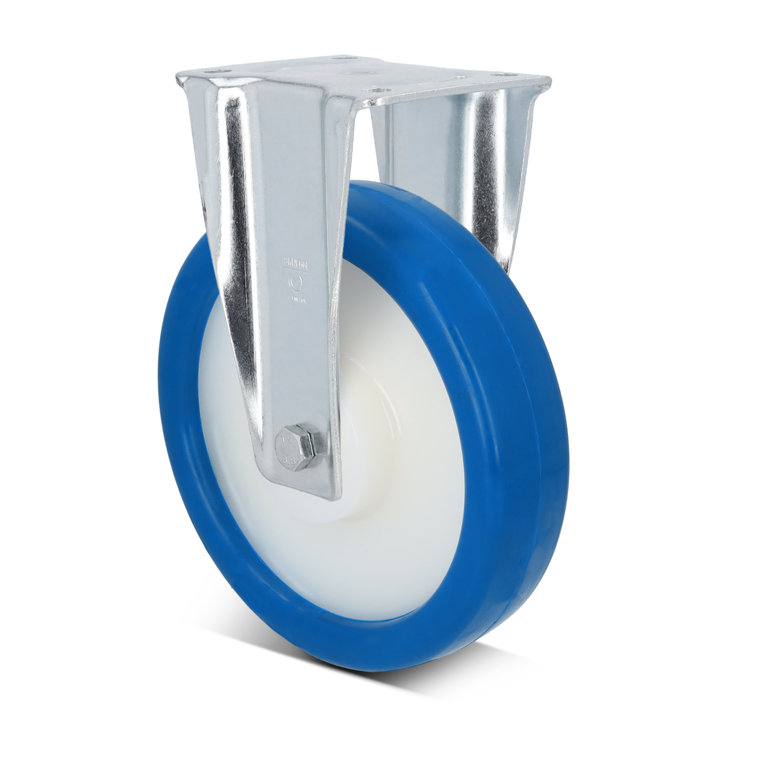 A blue rubber wheel is mounted on a silver metal bracket, featuring a visible bolt for attachment. The background is plain, highlighting the wheel-s design and construction for industrial use.