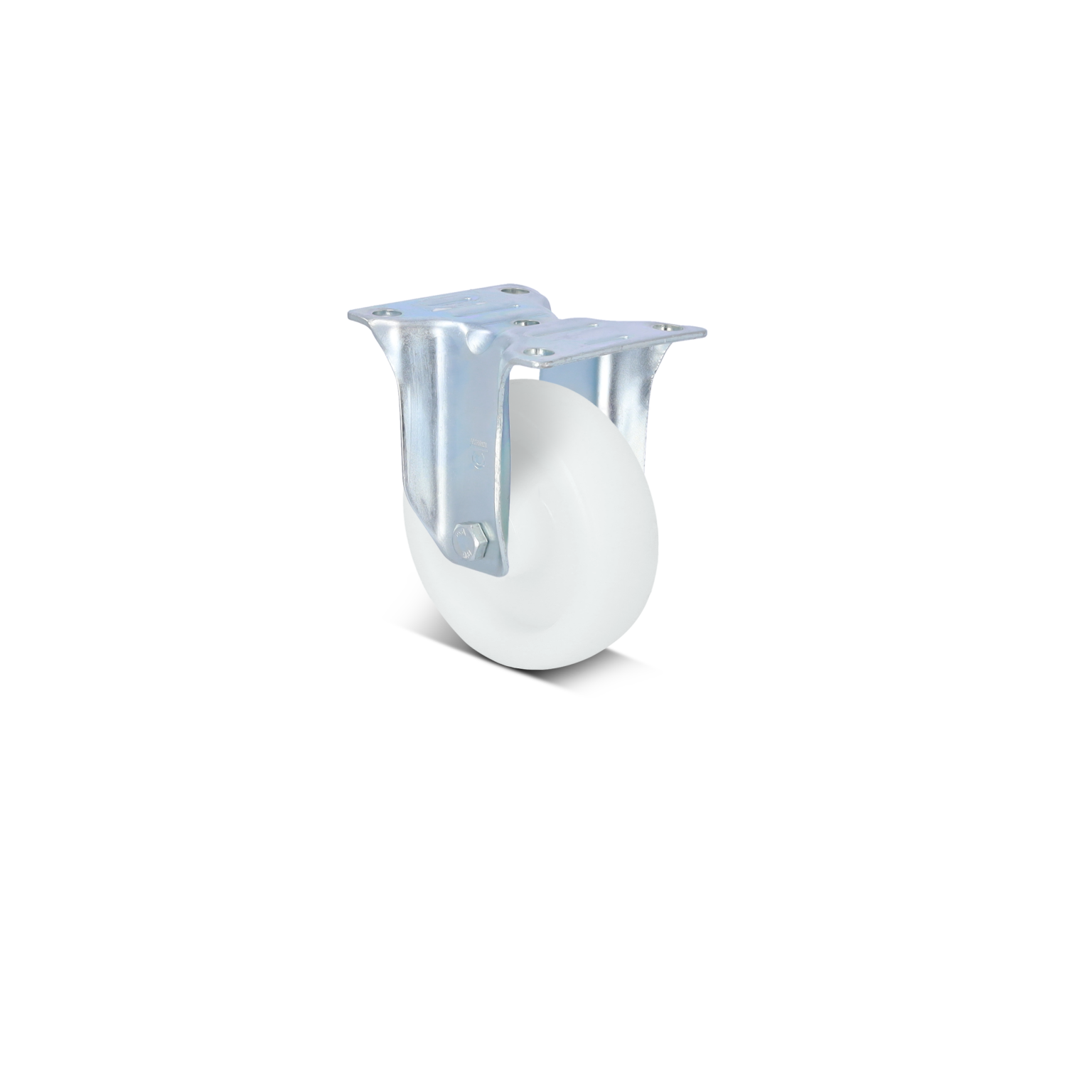 A white industrial wheel is mounted on a metallic swivel bracket. The bracket features two holes for screws, allowing for secure attachment. The background is solid black.