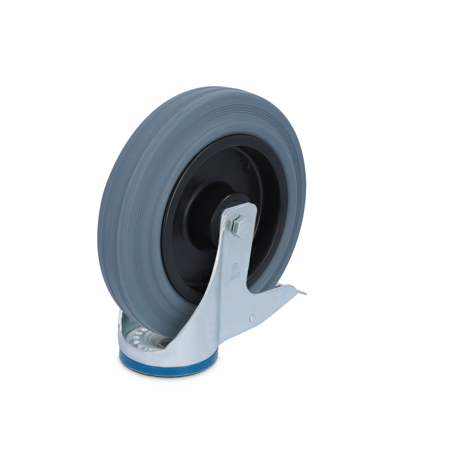 Grijze industriewiel met een zwarte centrale schijf en een metalen bevestigingsplaat. Het wiel is gepositioneerd voor een zijaanzicht, met een blauwe ring aan de onderkant. De achtergrond is leeg.
