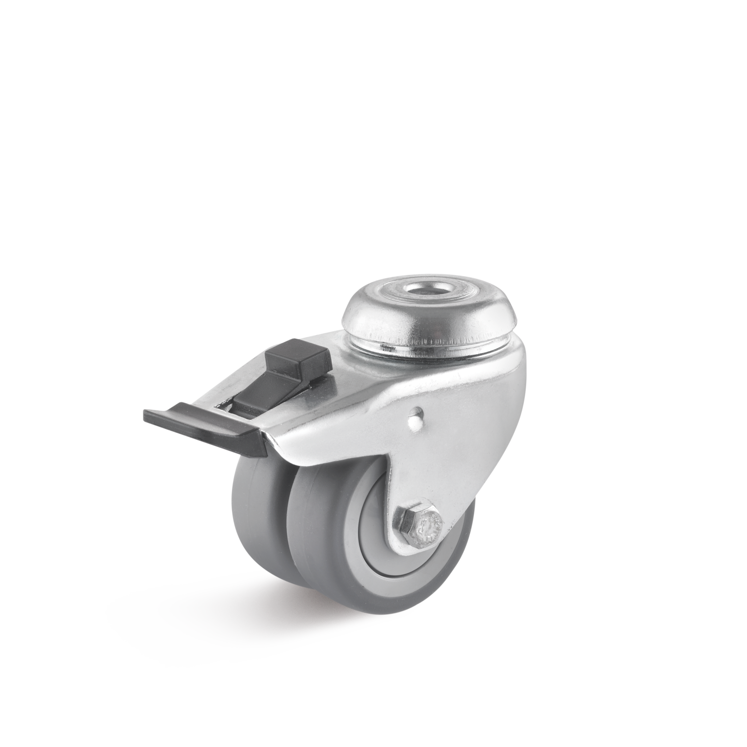 A gray rubber wheel is mounted on a shiny metal swivel bracket. It features a locking mechanism lever and a top plate for installation, set against a plain background.