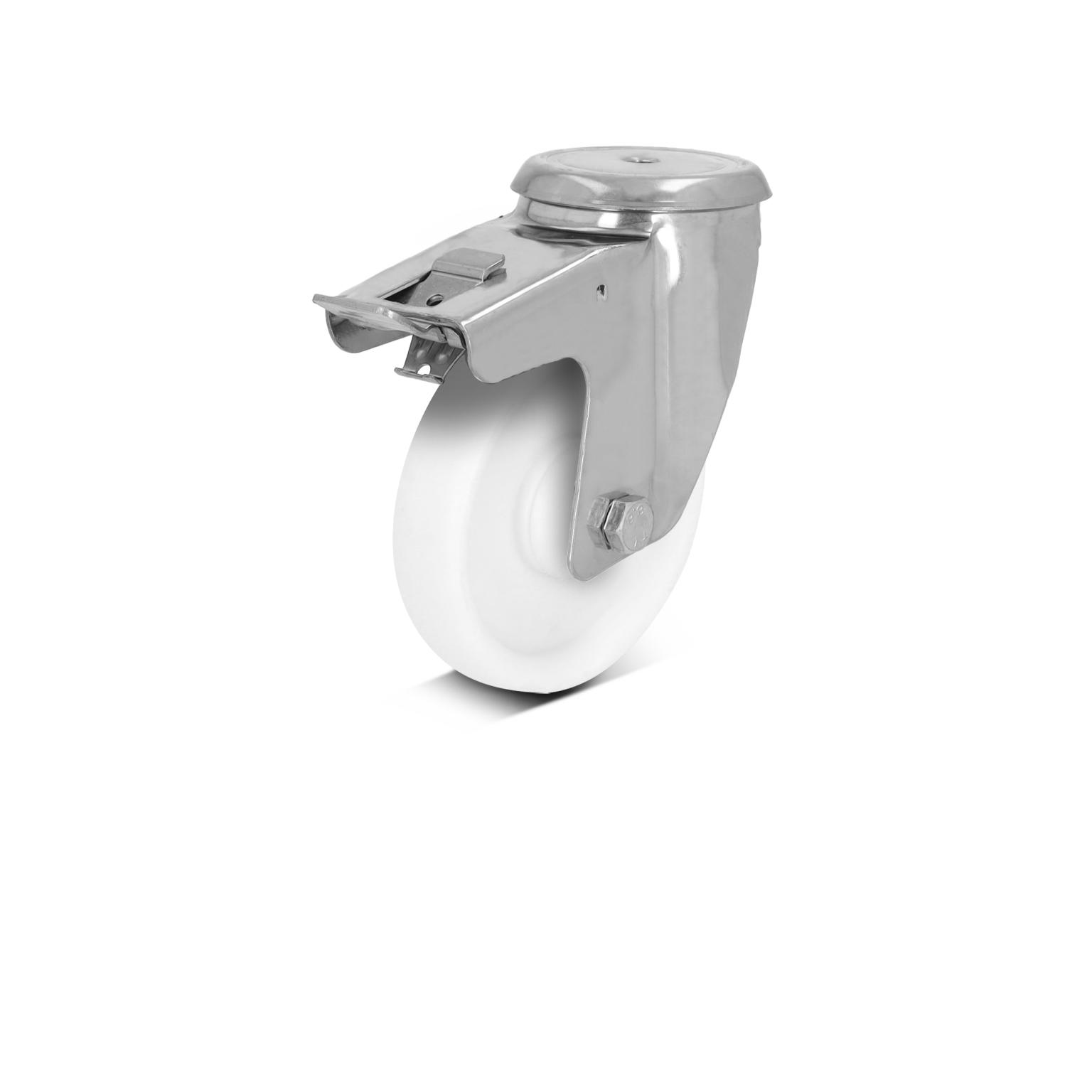 Industrial swivel castor featuring a white wheel and a chrome-plated steel mounting plate. It-s designed for mobility, likely intended for use with trolleys or equipment in an industrial setting.
