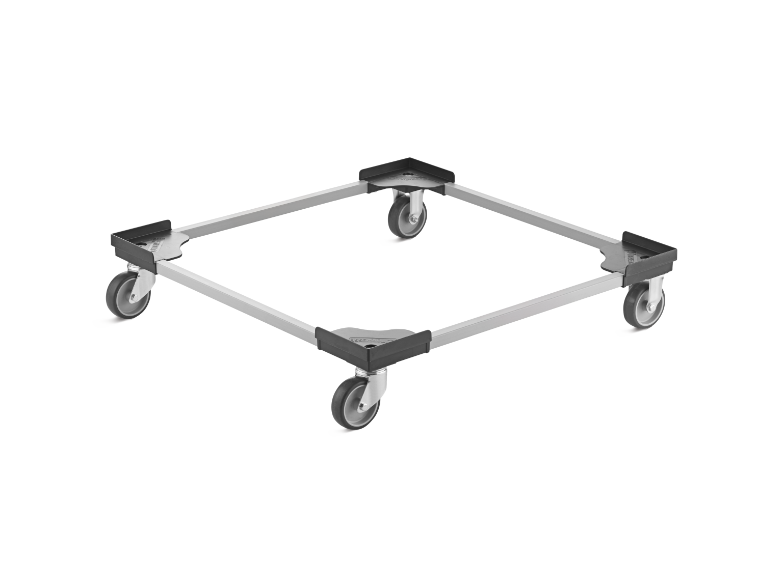 Four-wheeled transport dolly made of metal and plastic, featuring a square frame with corner mounts. The wheels allow for smooth movement in various industrial environments.