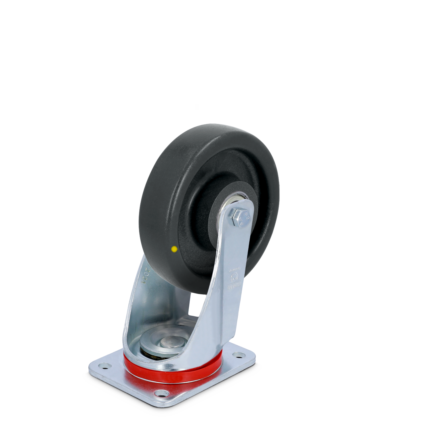 A black industrial wheel mounted on a shiny metal bracket with a red rubber ring. The base has a square plate for attachment, showcasing its robust design for material handling applications.