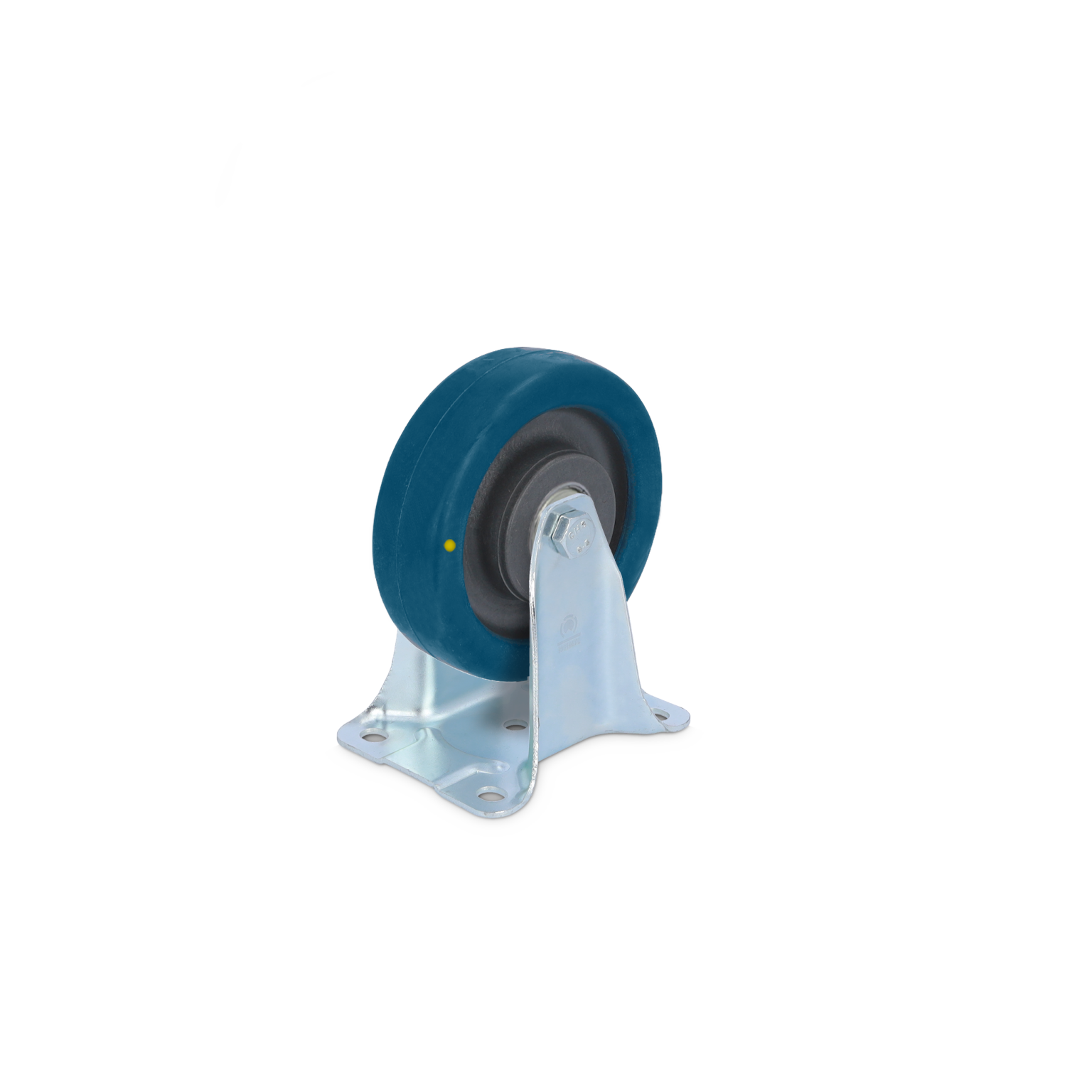 Zwenkwiel met een blauwe rubberrand en een metalen bevestigingsplaat. Het wiel is hoekig gepositioneerd, en de bevestiging heeft verschillende bevestigingsgaten voor montage. Achtergrond is eenvoudig en minimalistisch.